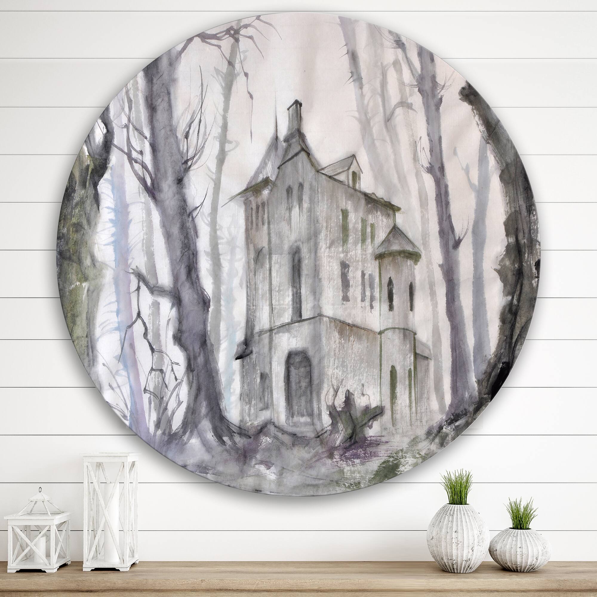 Designart - Haunted Castle In The Woods - Traditional Metal Circle Wall Art