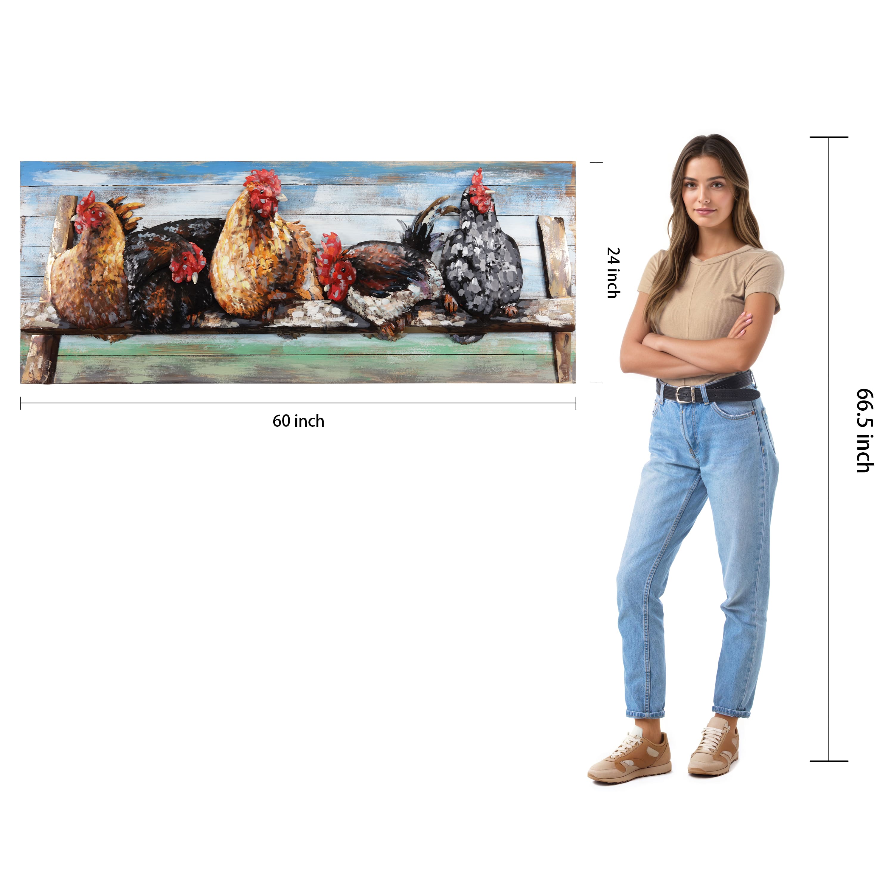 Empire Art Direct 24" x 60" Chickens Hand-painted Iron Wall Sculpture with Solid Wood Frame