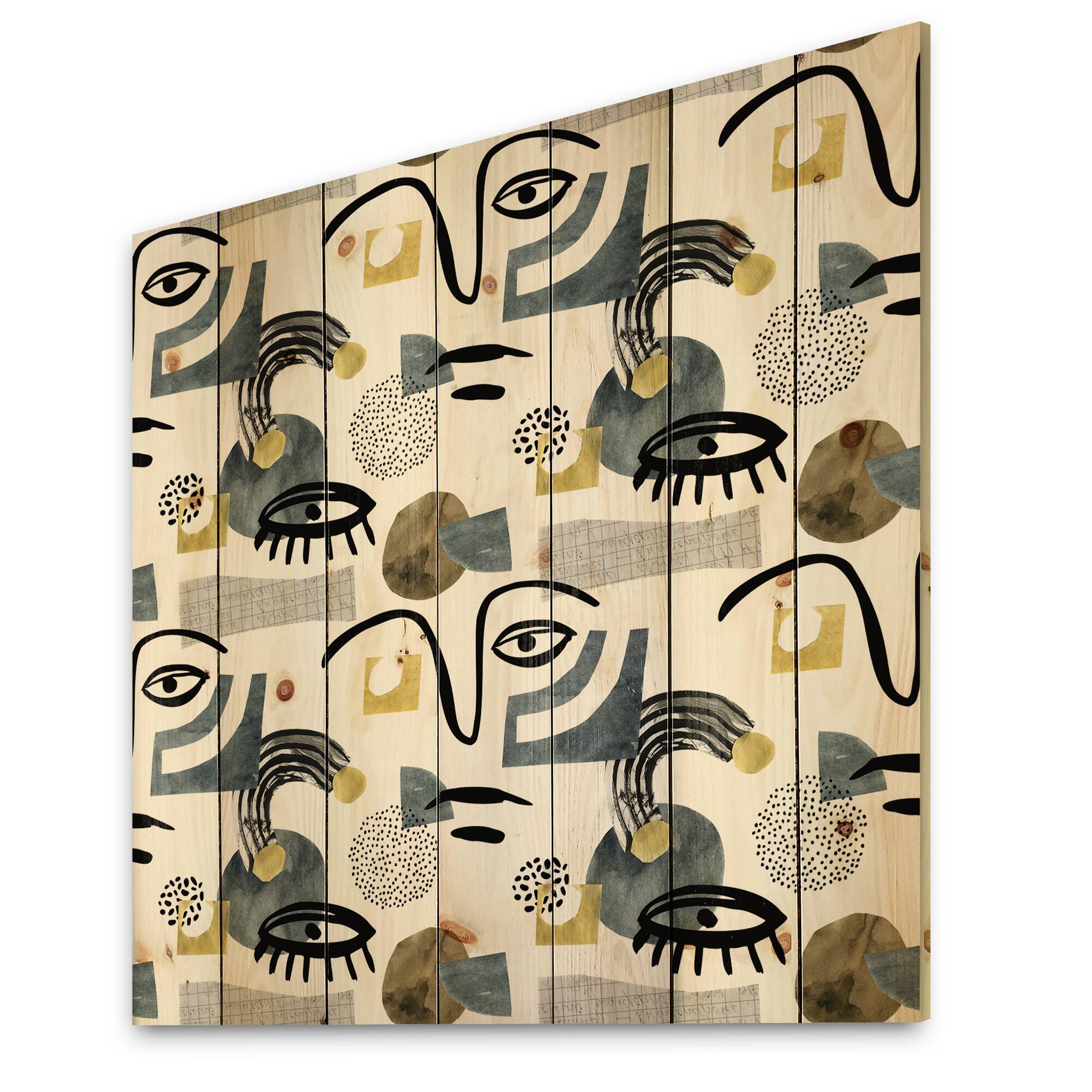 Designart - Collage of Eyes & Doodles In Contemporary Style I - Modern Print on Natural Pine Wood