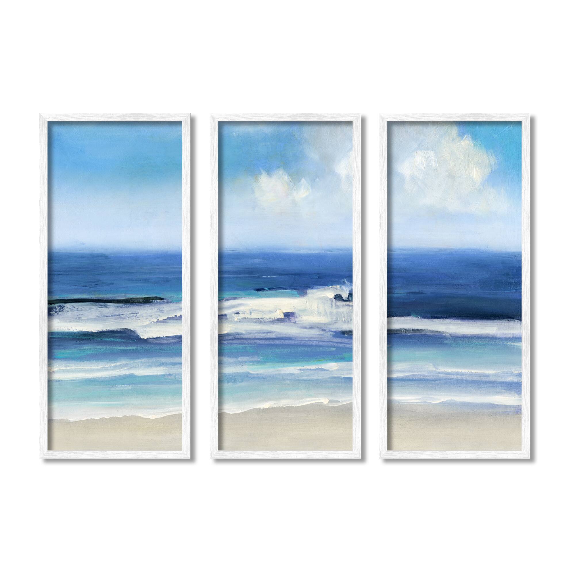 Stupell Industries Blue Beach Coast Triptych Incoming Summer Tide Waves Framed Wall Art