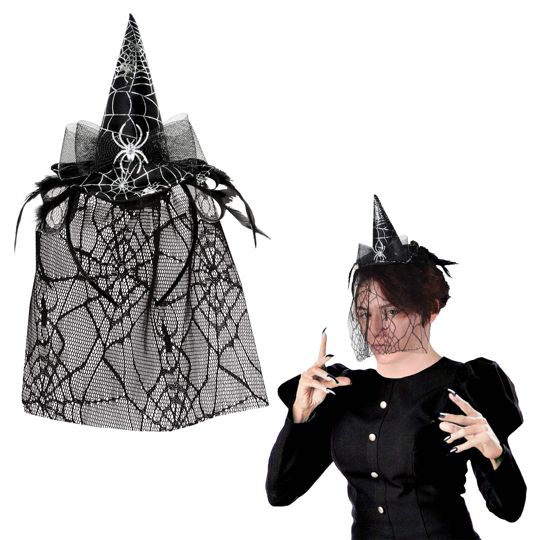 Beistle Adult Black Spider Witch Hat Headbands with Veil, 2ct.