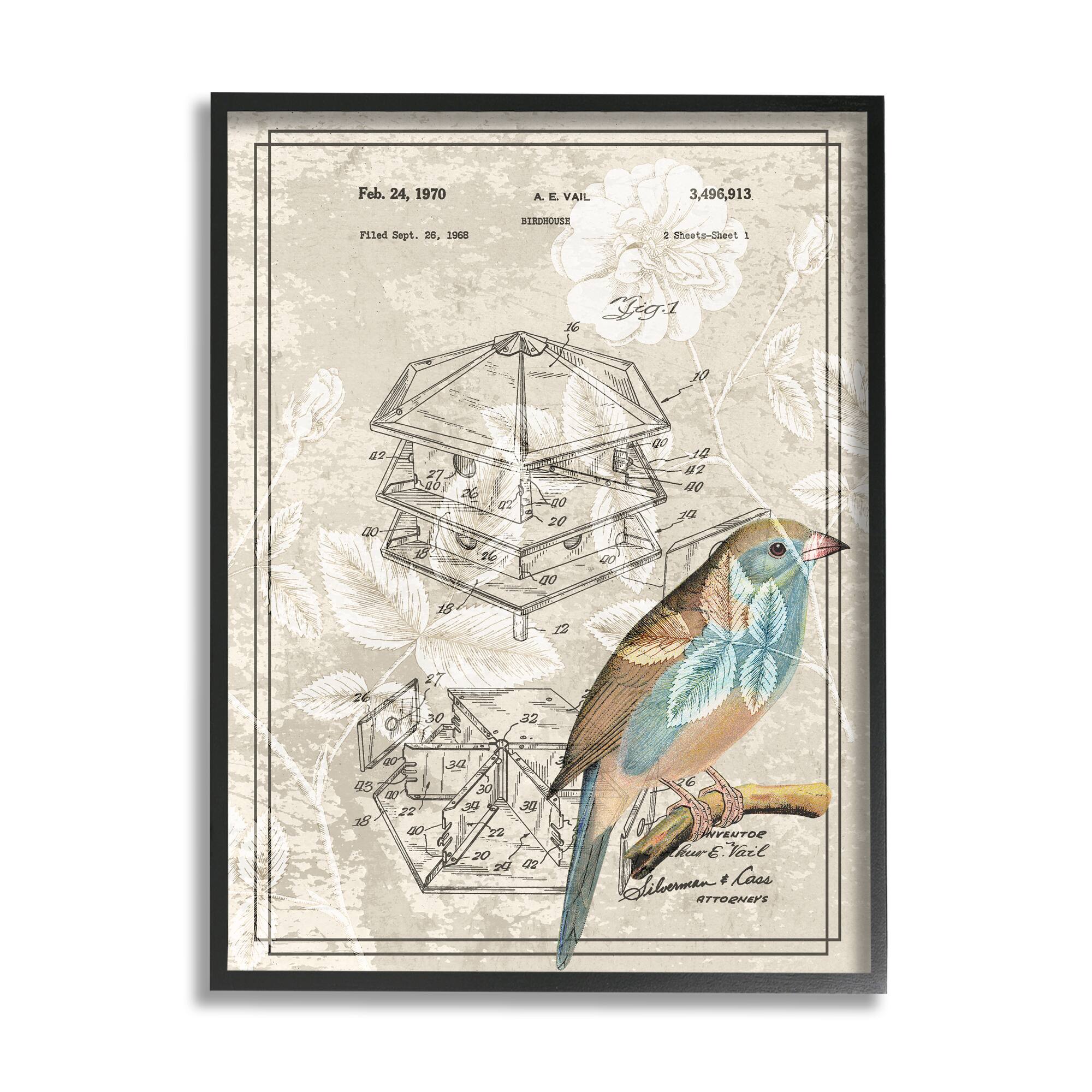 Stupell Industries Vintage Bird House Patent Design Figure Eastern Bluebird Framed Wall Art