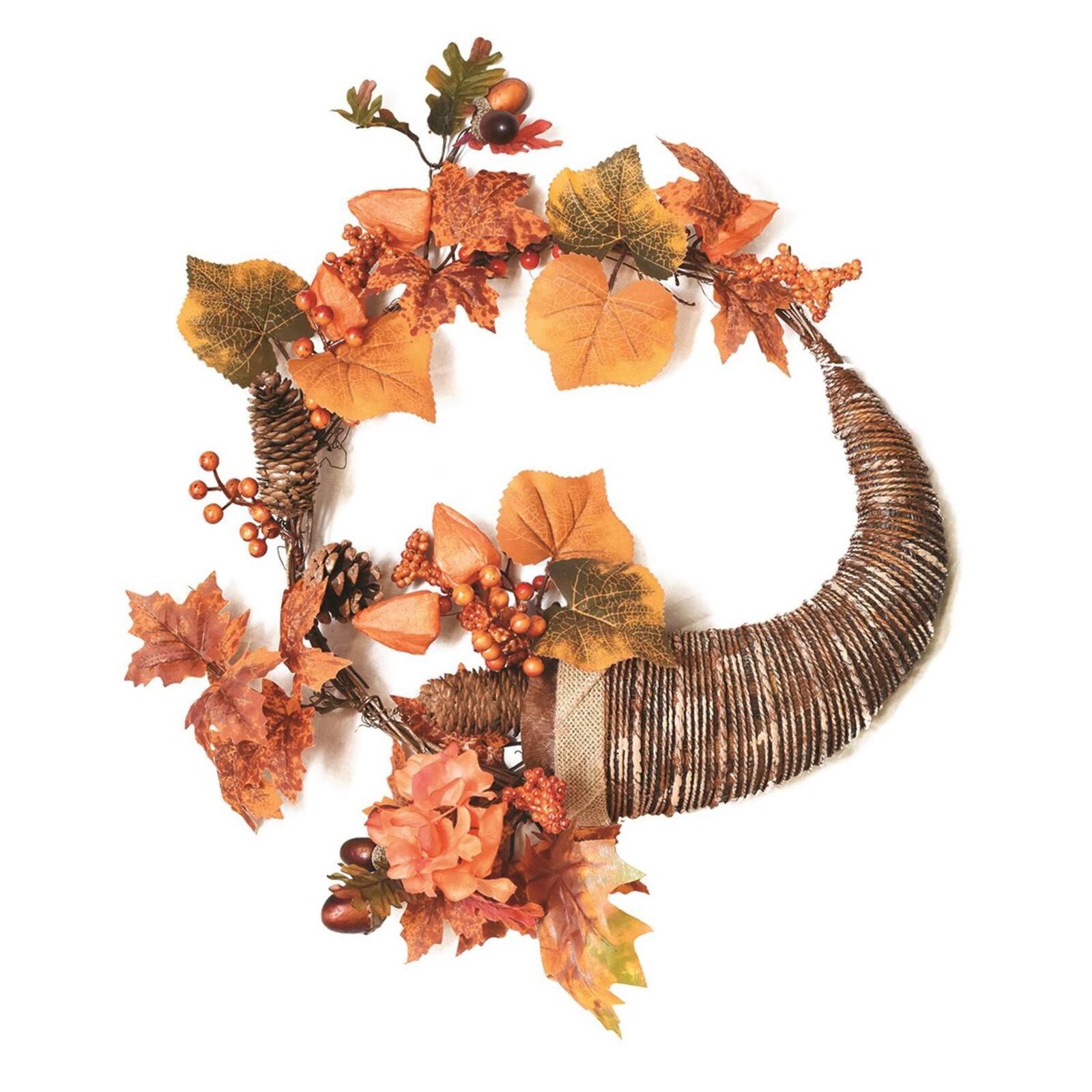 20" Unlit Autumn Harvest Artificial Pinecone, Berries & Leaves Cornucopia Wreath
