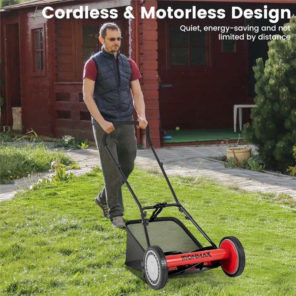 Costway Ironmax Red & Black Push Lawn Mower with 5-Blade Removable Grass Catcher