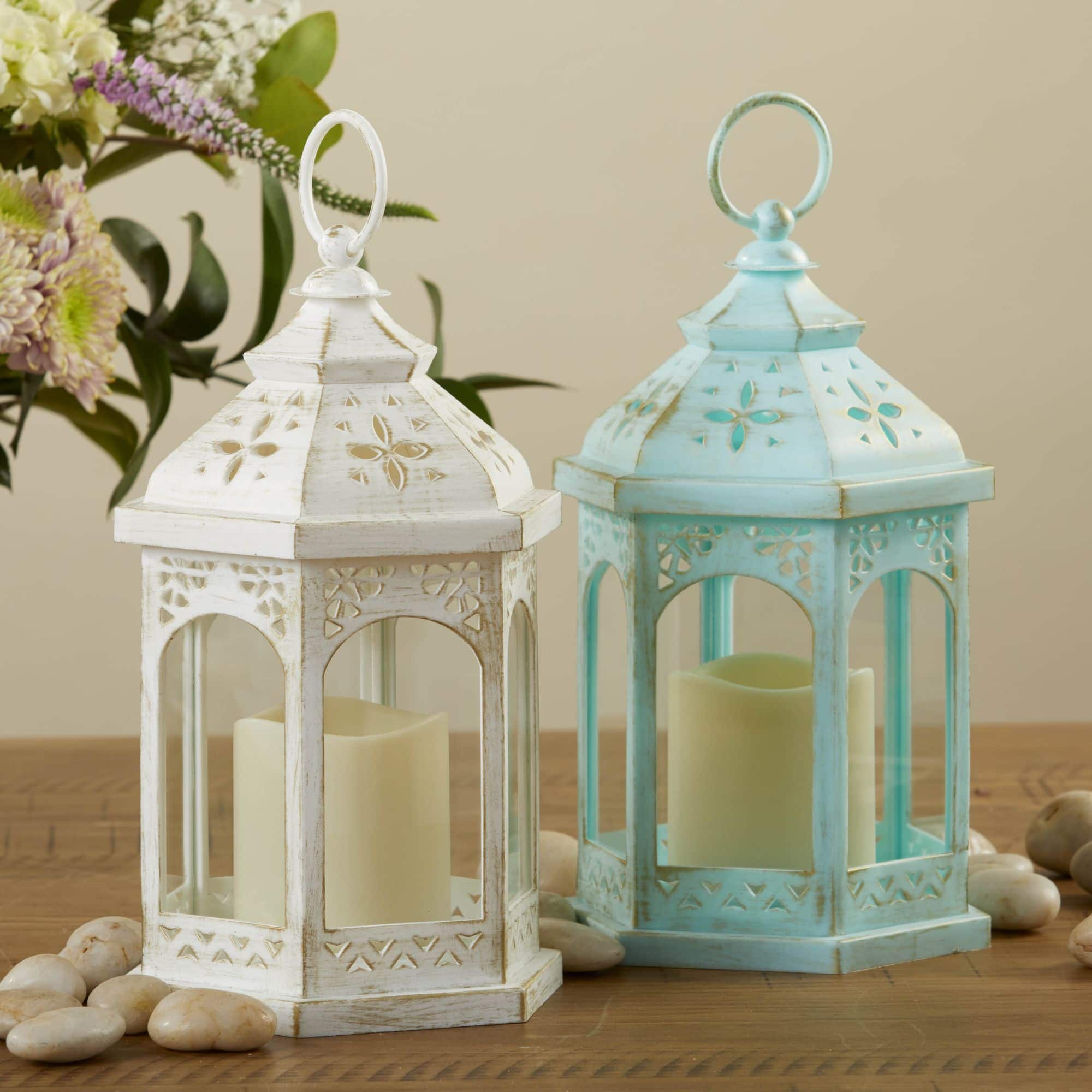 Kate Aspen White LED Hexagon Distressed Lantern Set