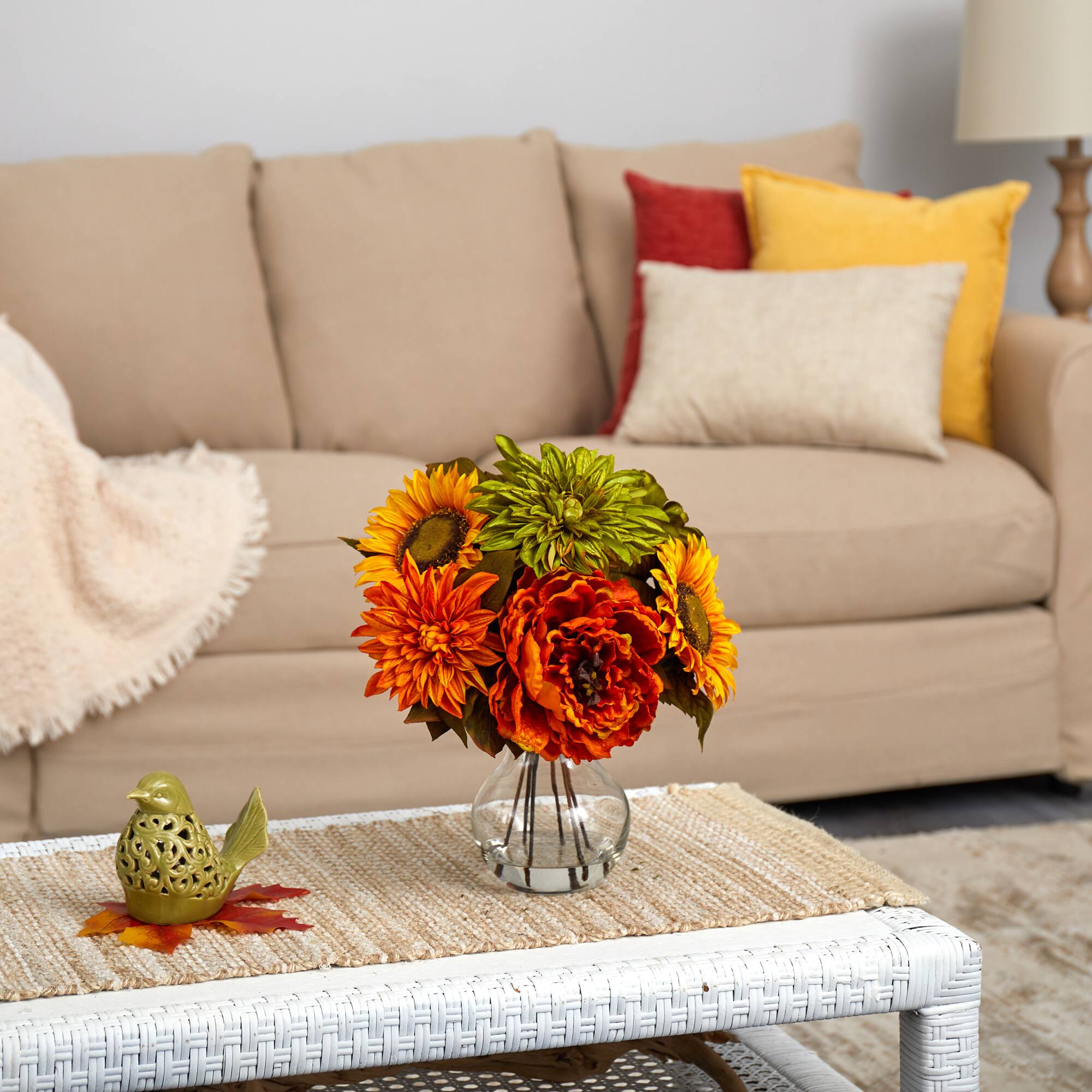 12" Peony, Dahlia & Sunflower Arrangement in Glass Vase