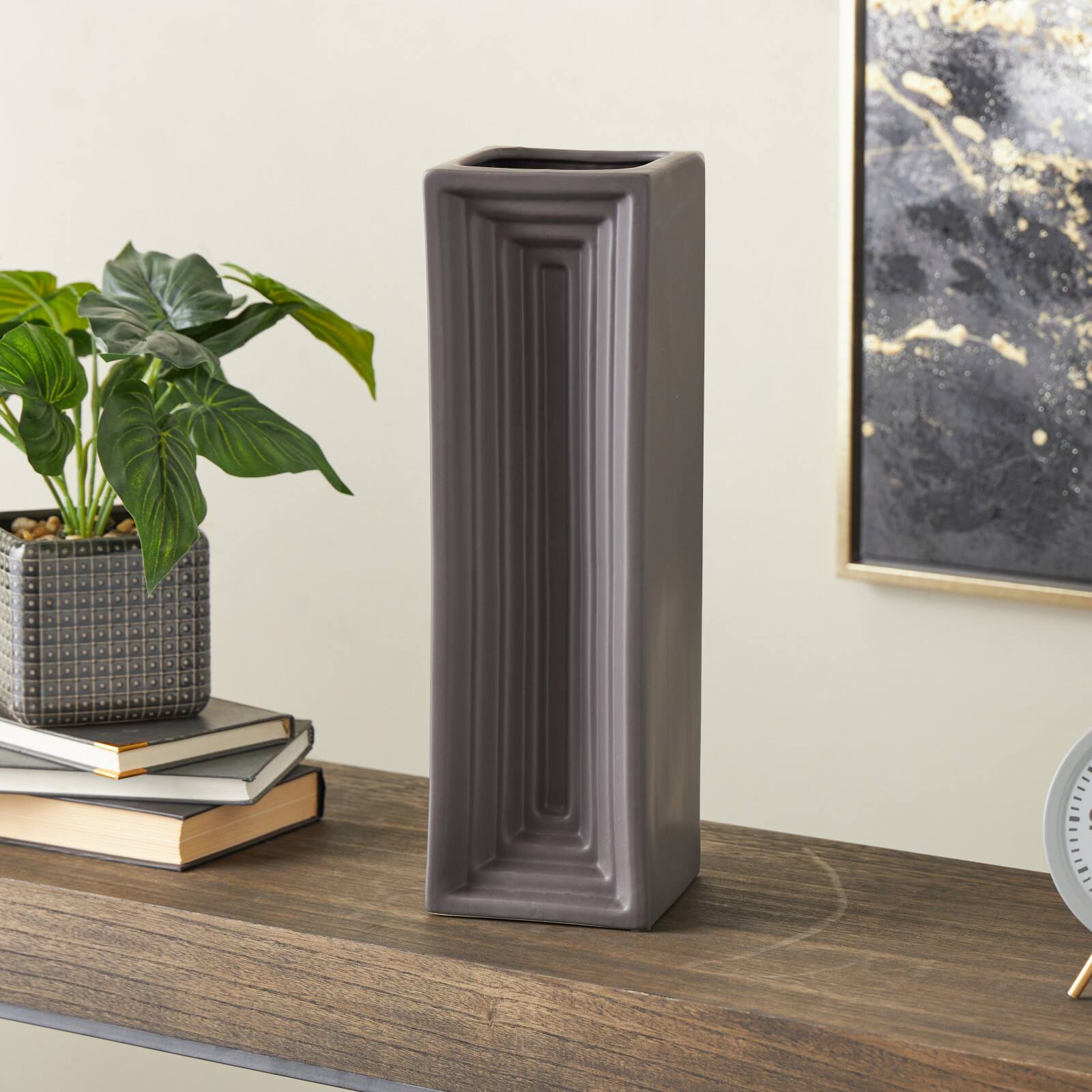 18" Black Ceramic Rectangular Decorative Vase