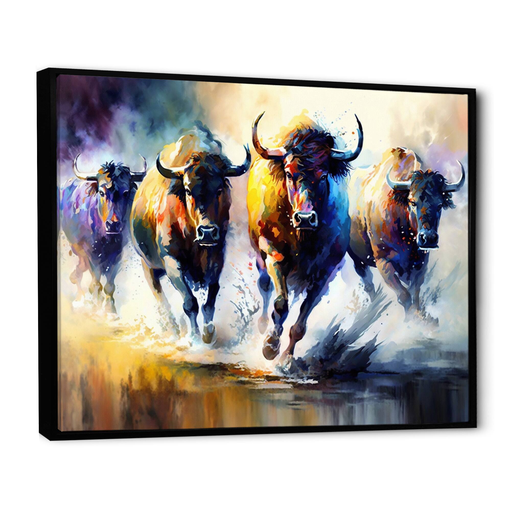 Designart 'Buffalo's Running' Animals Framed Canvas Wall Art