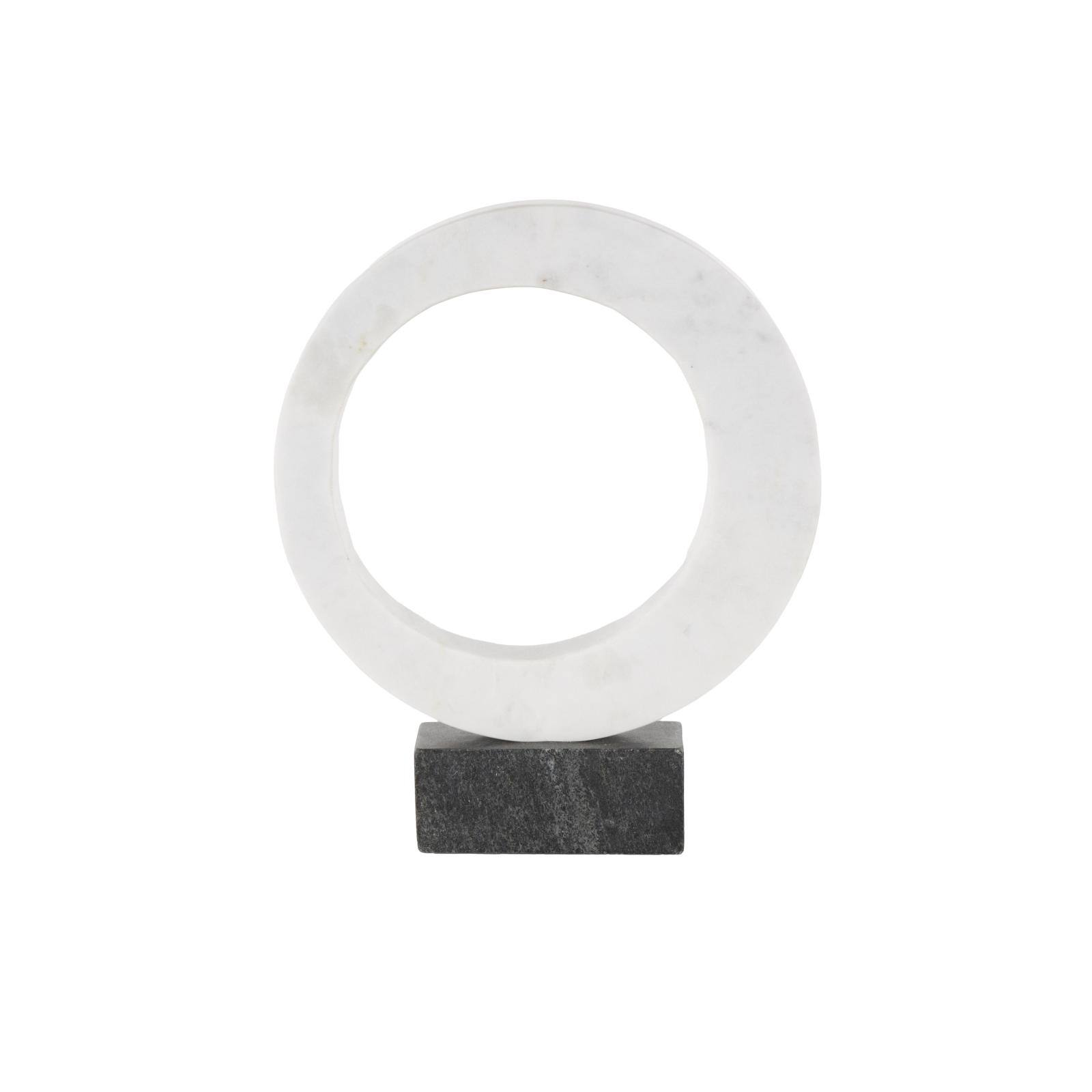 12.25" White Marble Geometric Open Ring Sculpture with Black Block Base