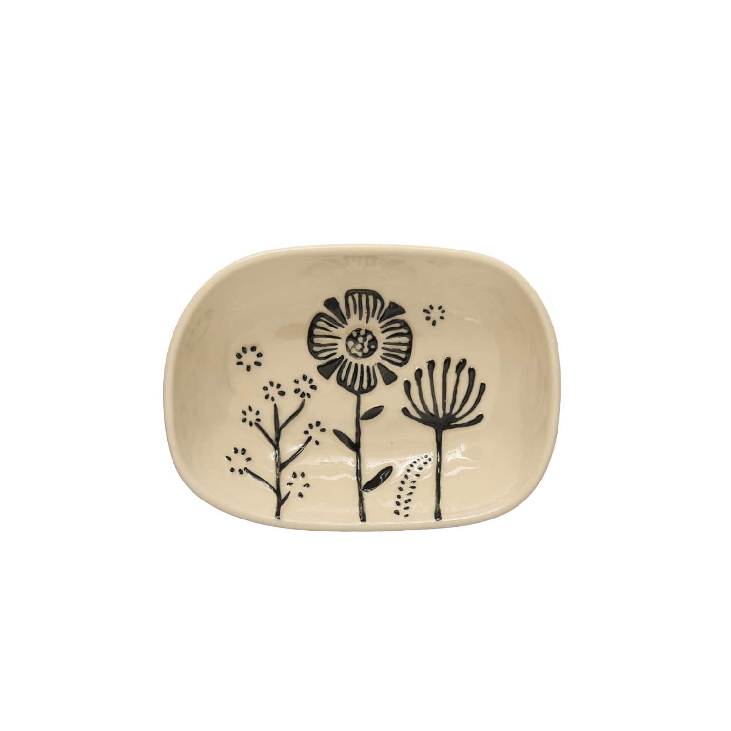 Hello Honey® 5.5" Cream & Black Floral Stoneware Dish, 4ct.