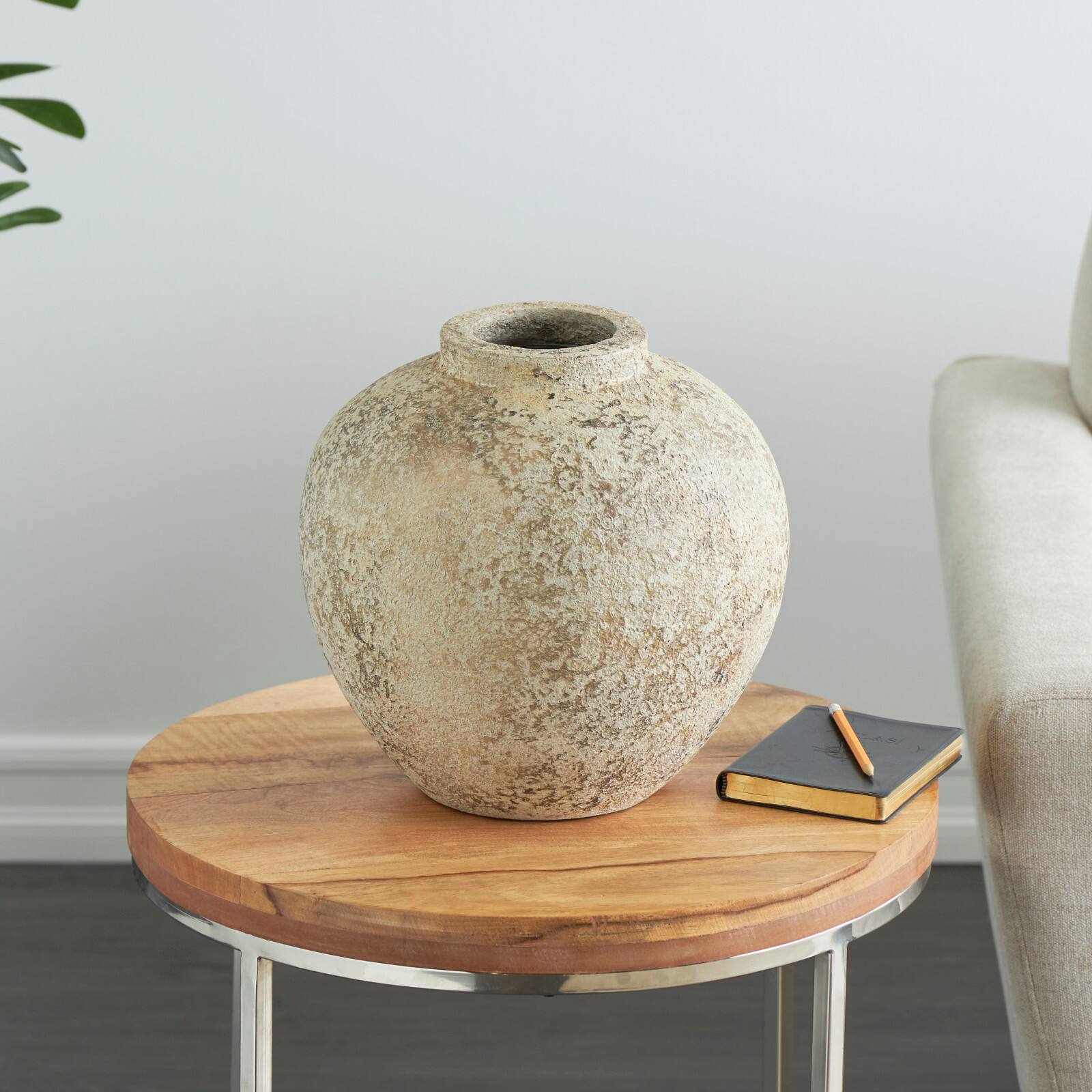 12" Cream Ceramic Antique Style Round Vase with Textured Distressing