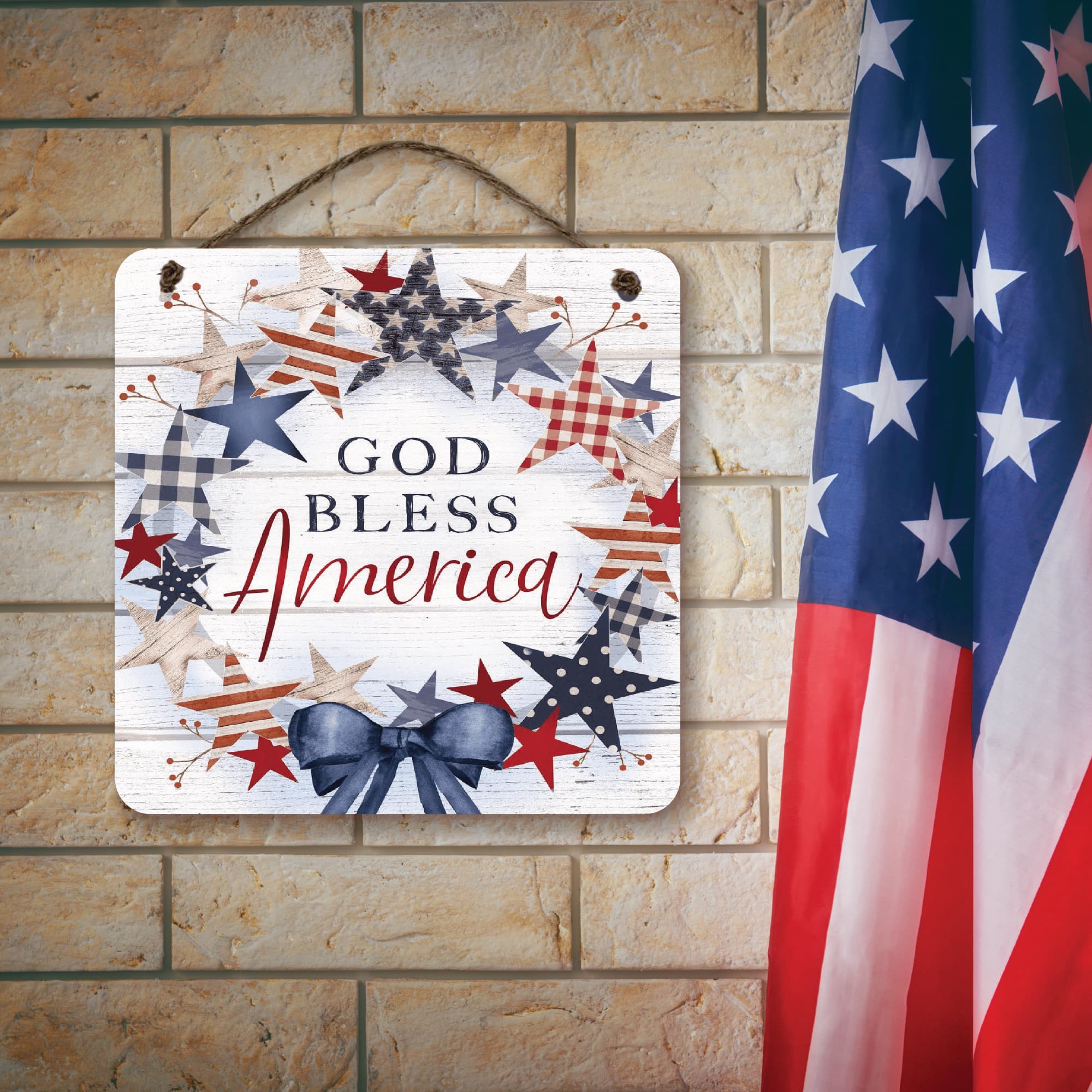 Courtside Market® Celebrate 250™ 12" x 12" Wounded Warrior Project® God Bless America Wreath Hanging Wooden Artboard with Twine