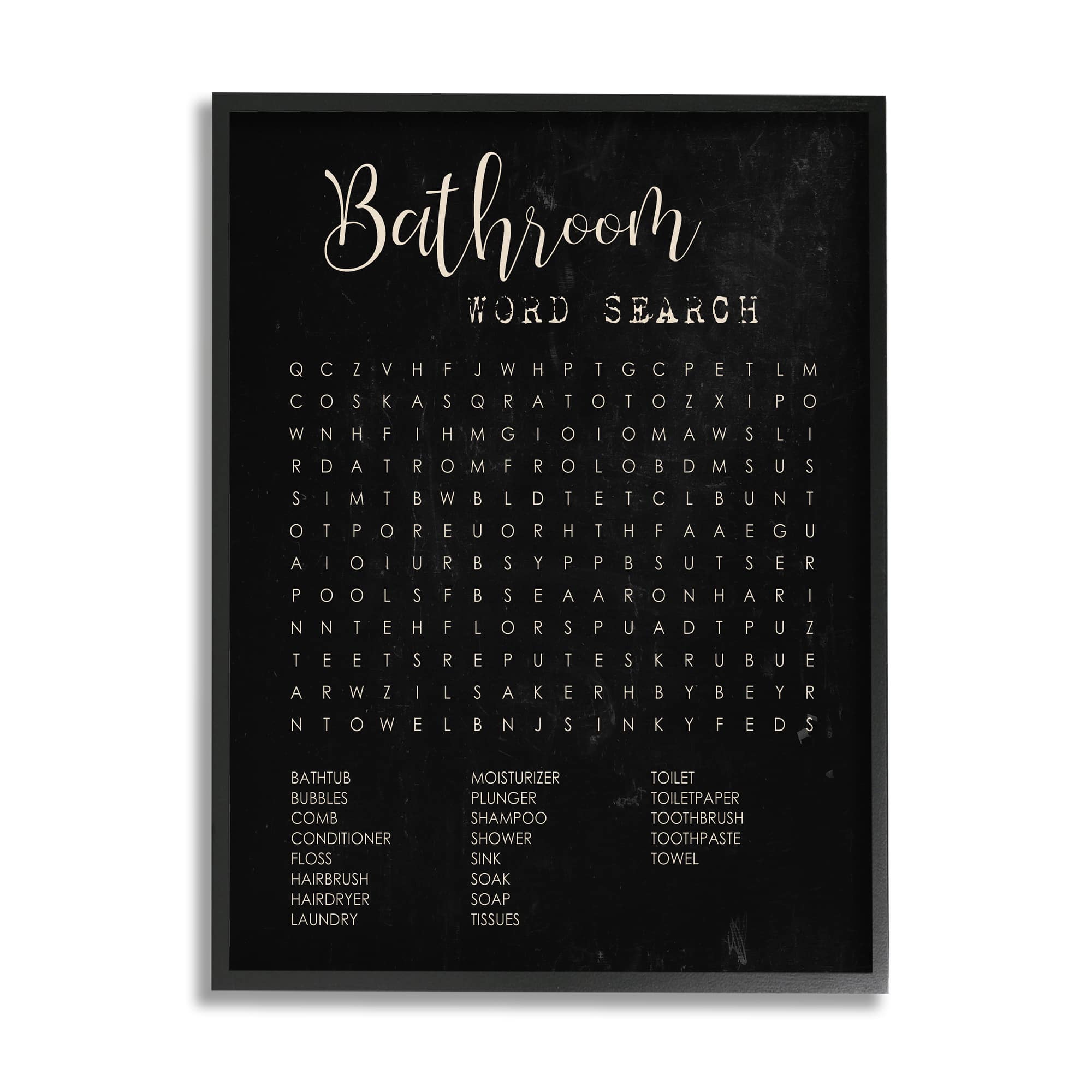 Stupell Industries Bathroom Word Search Activity over Distressed Black Framed Wall Art
