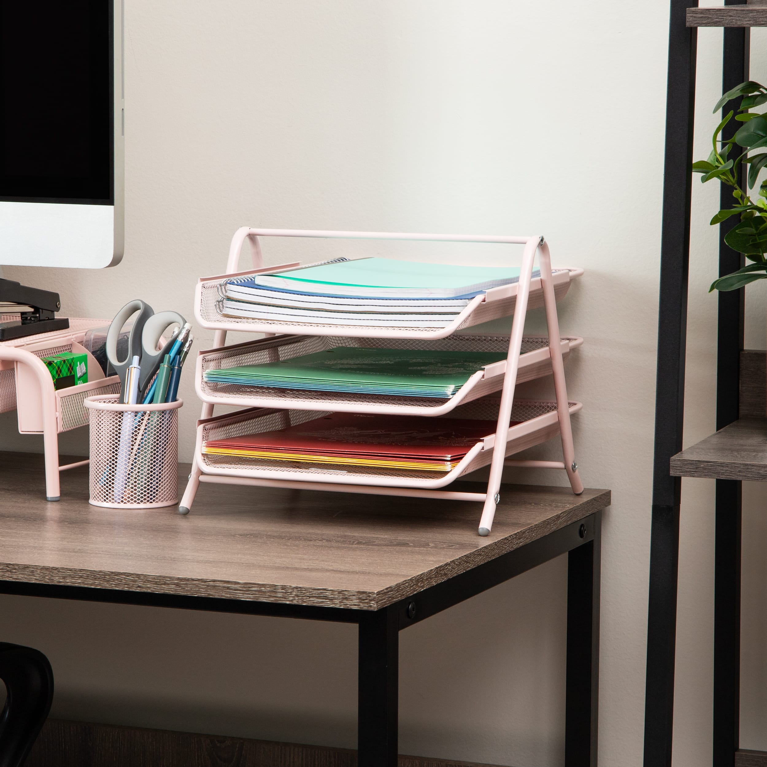 Mind Reader 3-Tier Paper Tray, Desktop Organizer, File Storage, Workspace, Office, Metal Mesh, 11.75"L x 13.75"W x 10"H, Pink