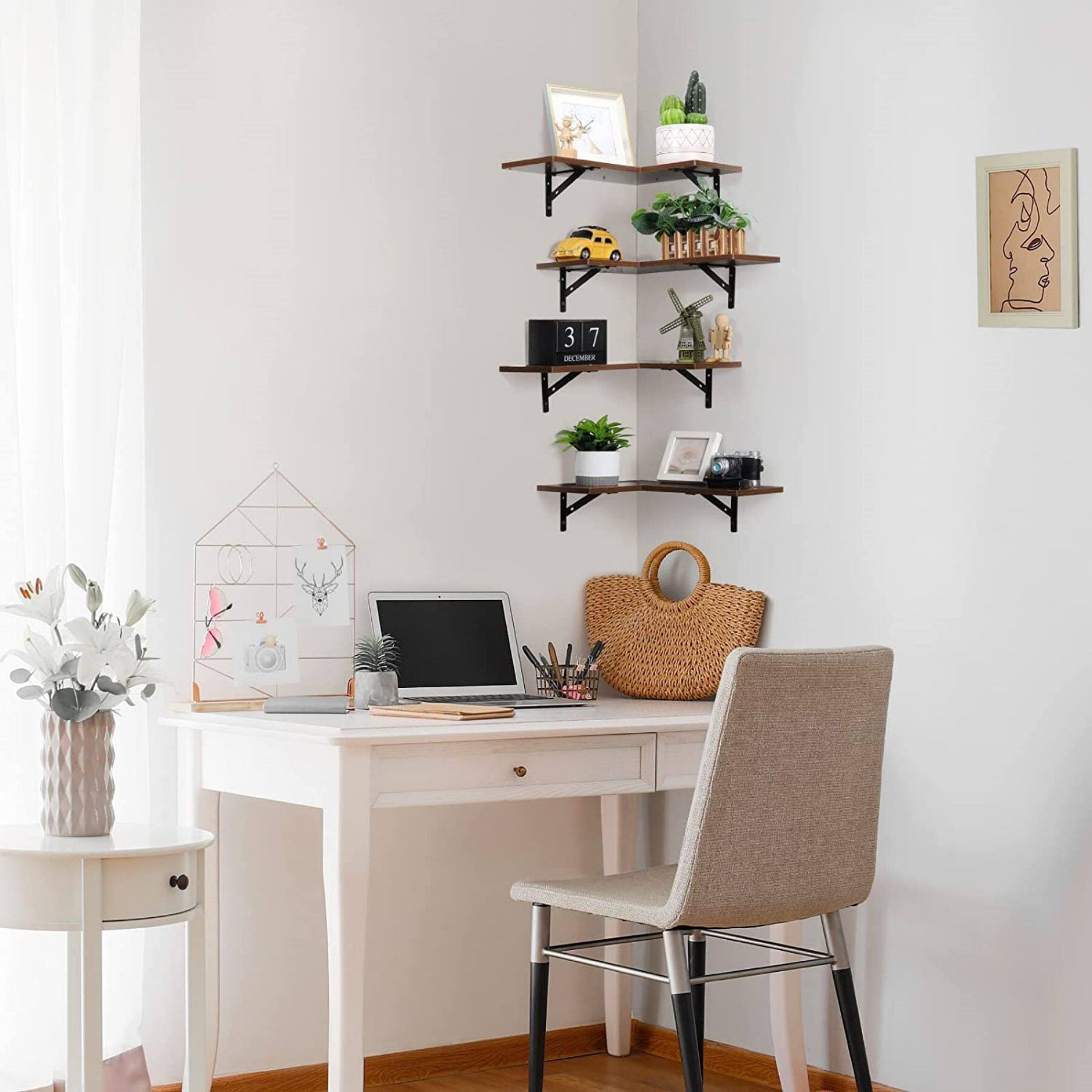 Brown Wood Wall Mounted Corner Floating Shelf Set