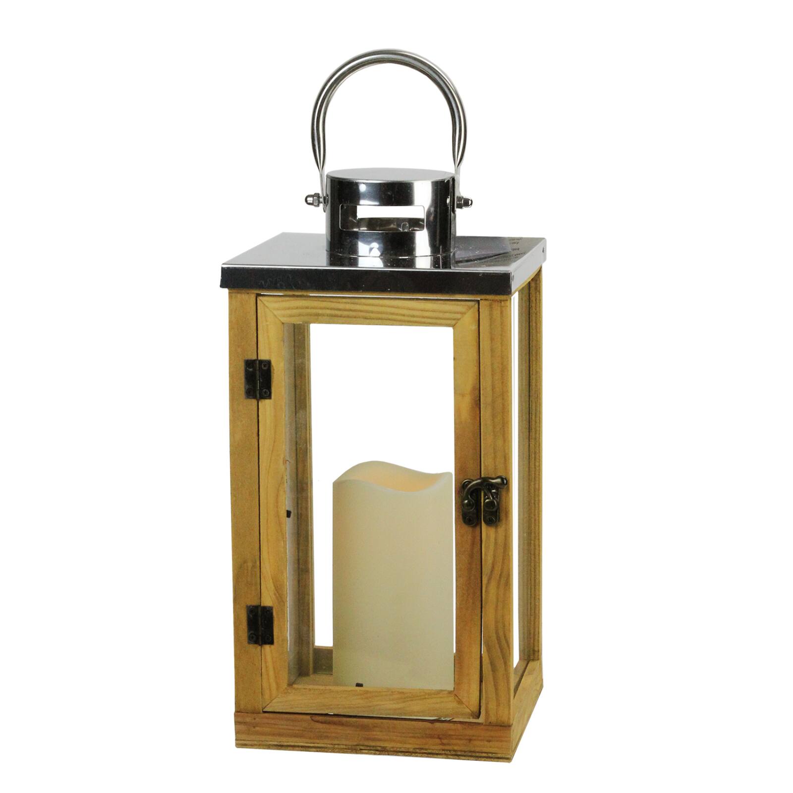 13.75" Rustic Wood and Glass Flameless Pillar Candle Lantern