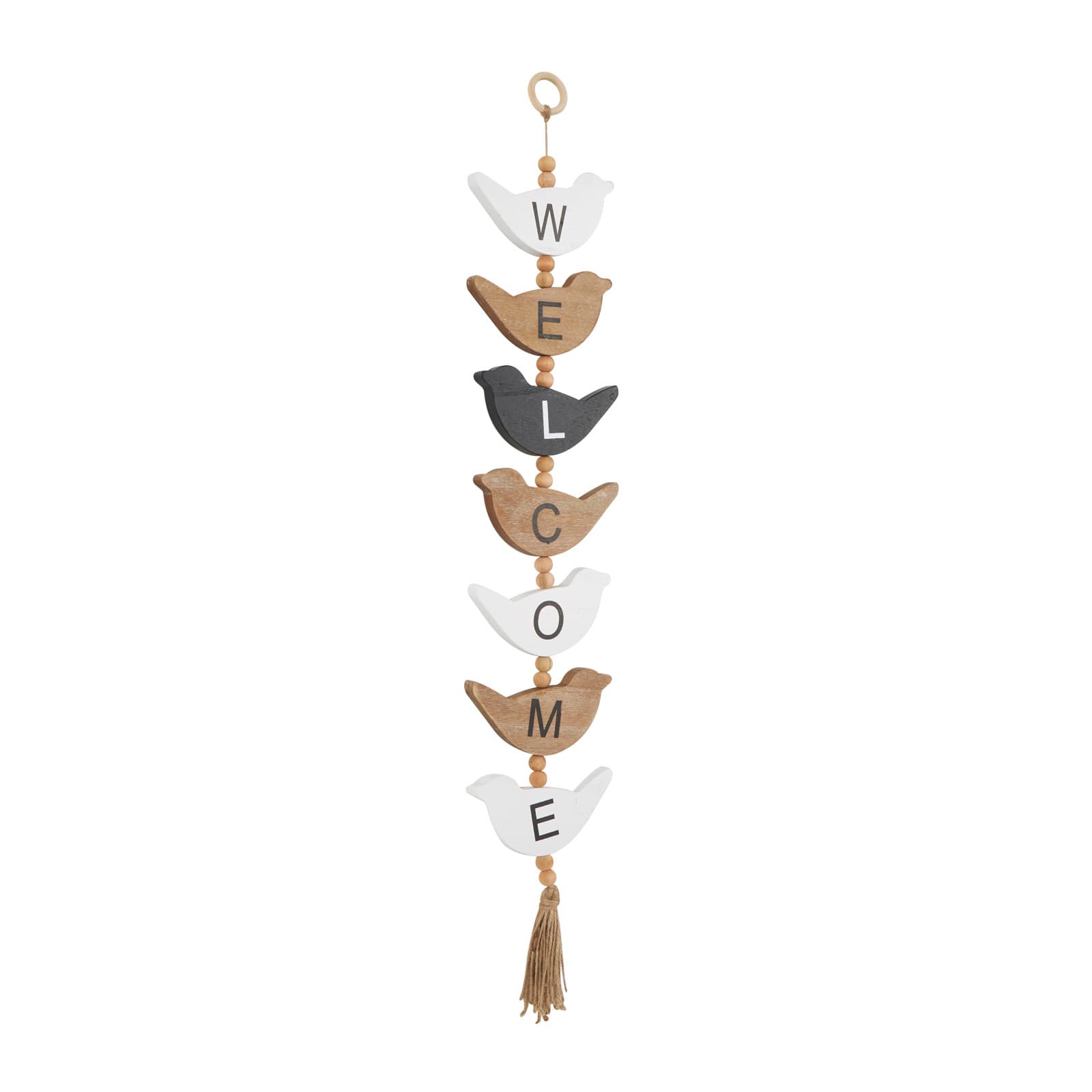 7" x 42" Handmade Black Wood Bird Welcome Sign Wall Décor with Tassel & Bead Accents