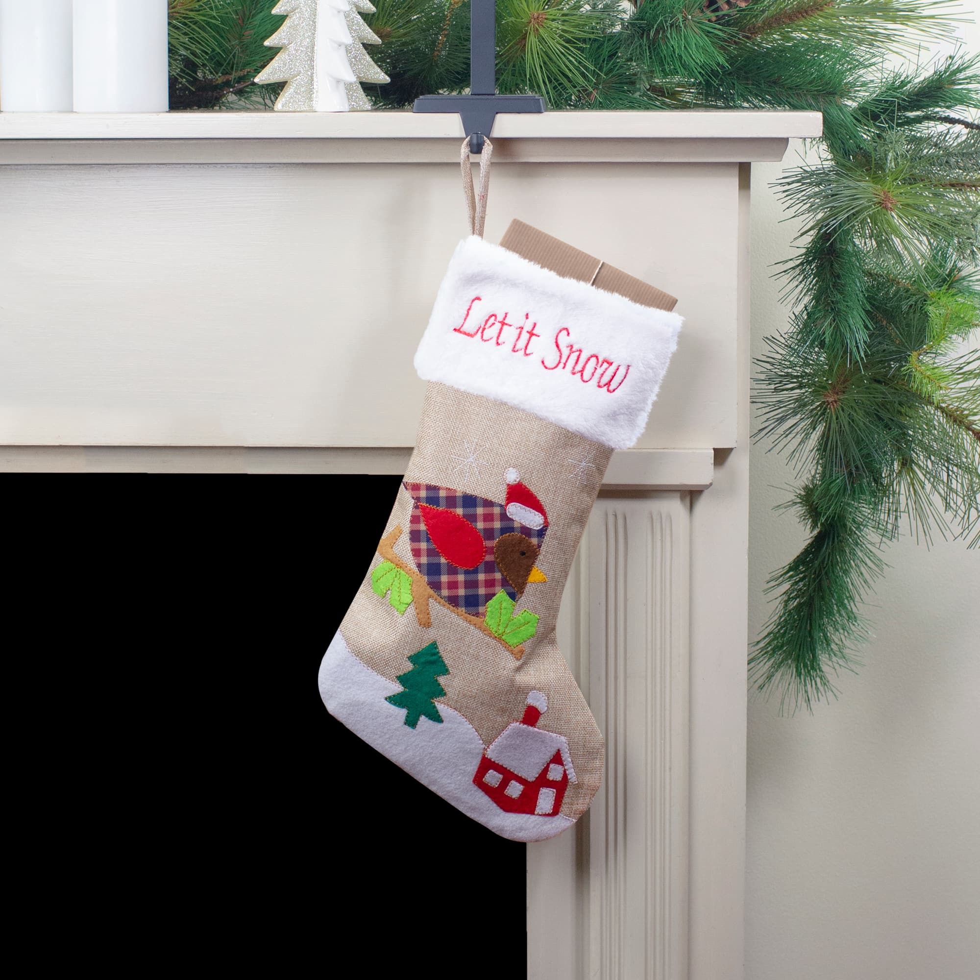 19" Let It Snow Bird Burlap Christmas Stocking