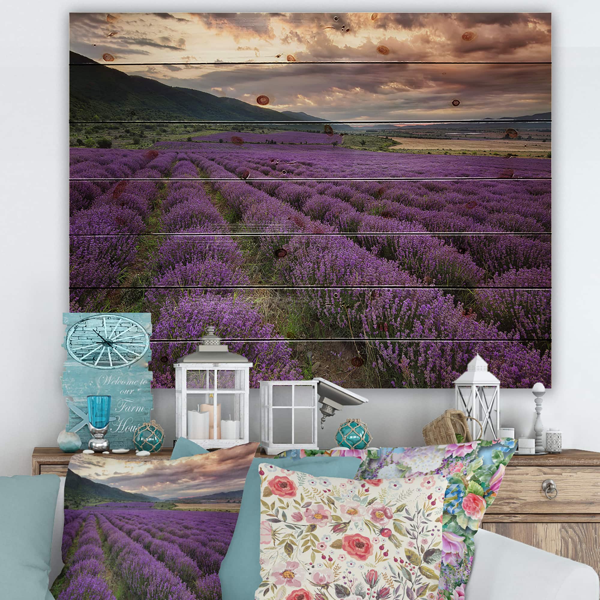 Designart - Lavender Field At Dawn I - Farmhouse Print on Natural Pine Wood
