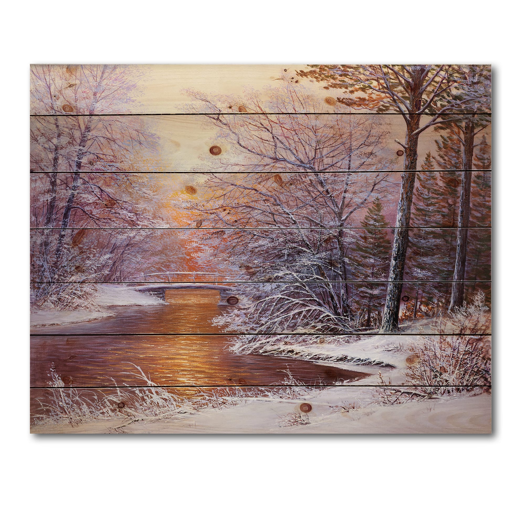 Designart Christmas Forest with River & Trees II Print on Natural Pine Wood