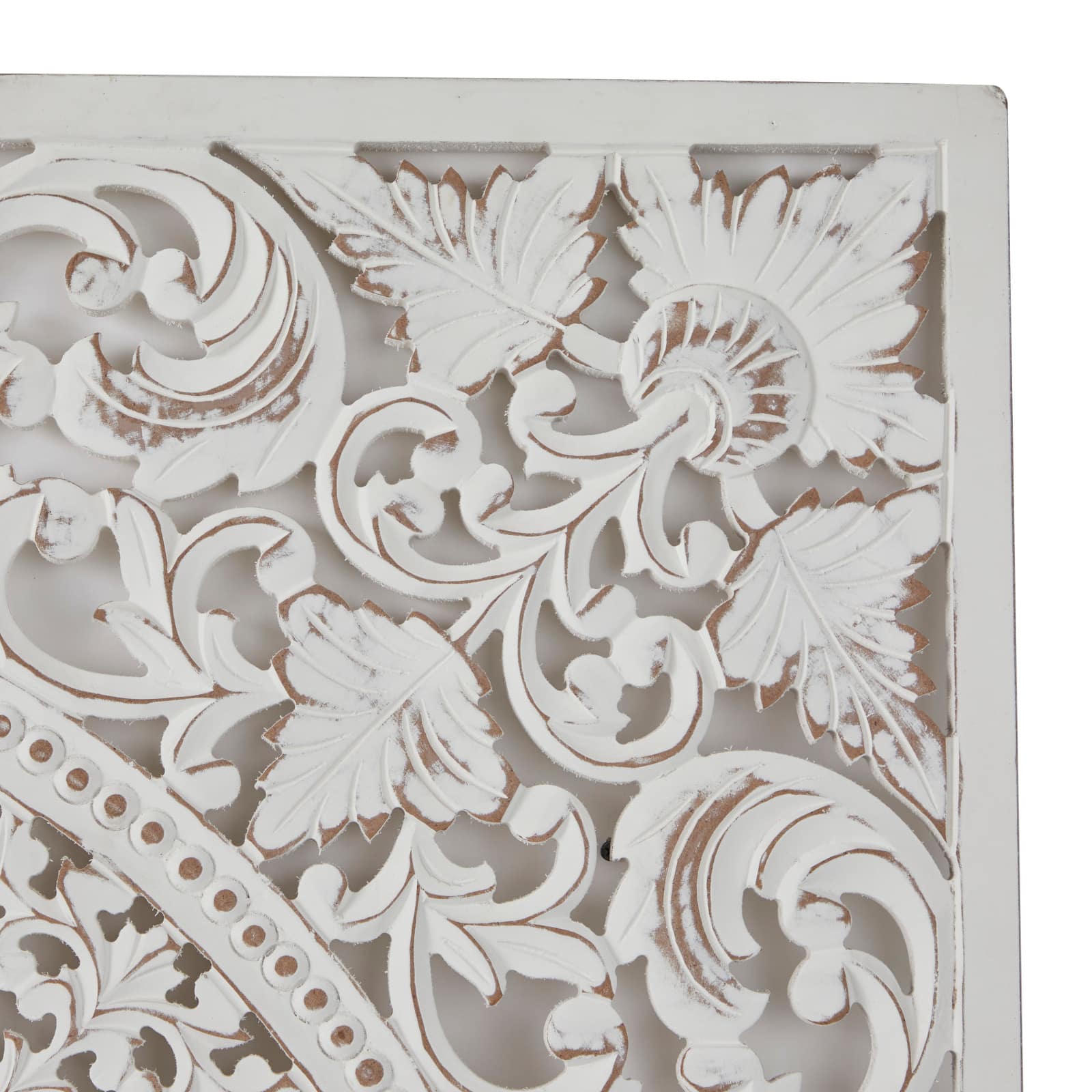 White Wood Handmade Intricately Carved Floral Wall Decor with Mandala Design Set of 3 16", 48"