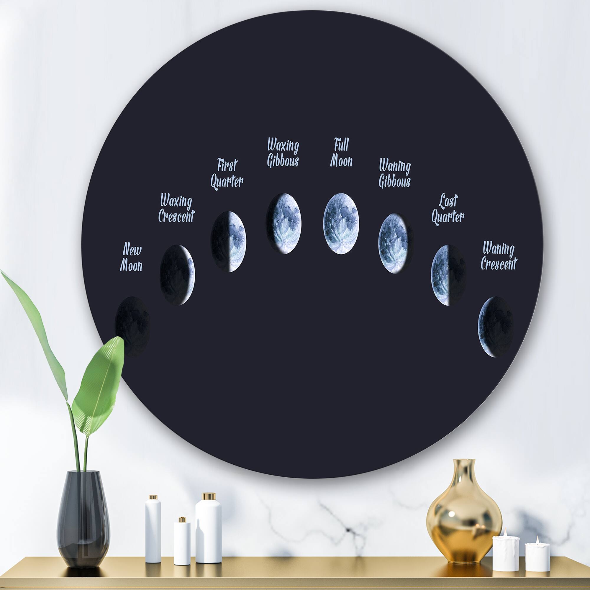 Designart - Moon Phases In Space - Bohemian & Eclectic Metal Circle Wall Art