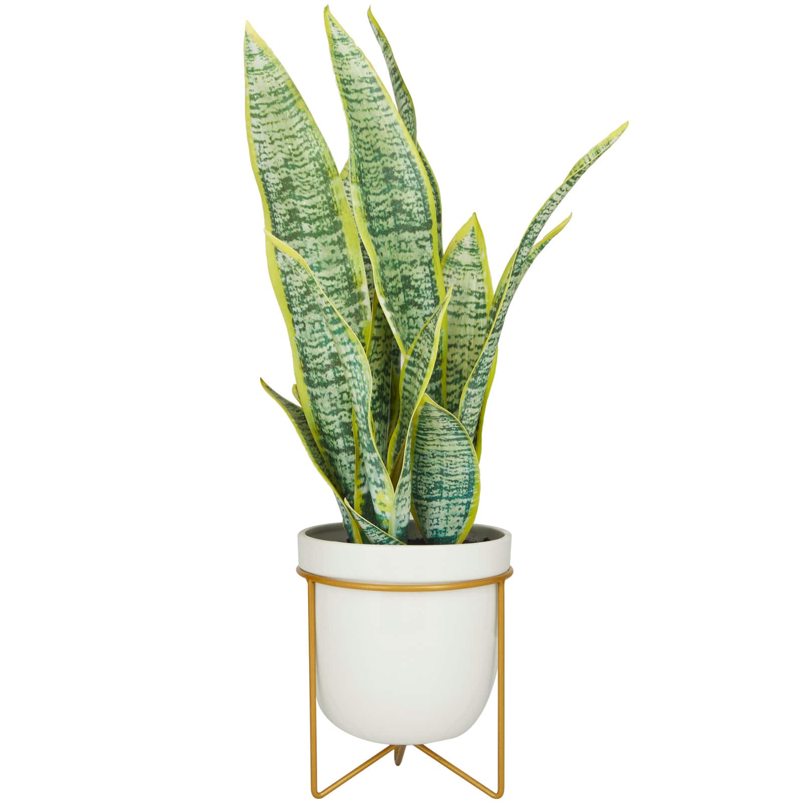 25" Green Snake Faux Foliage Artificial Plant with White Porcelain Pot and Gold Stand