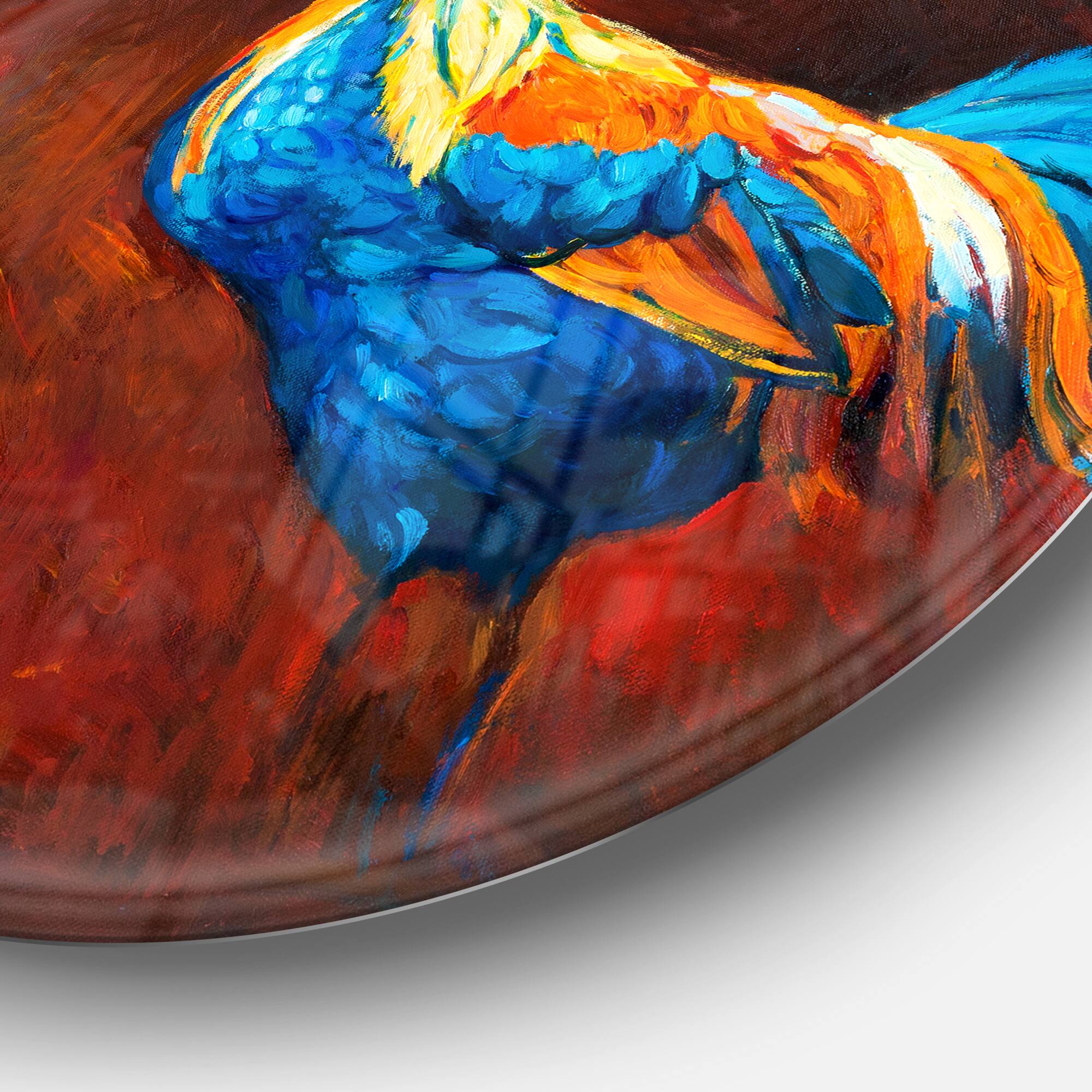 Designart - Blue and Orange Rooster' Disc Animal Circle Metal Wall Art