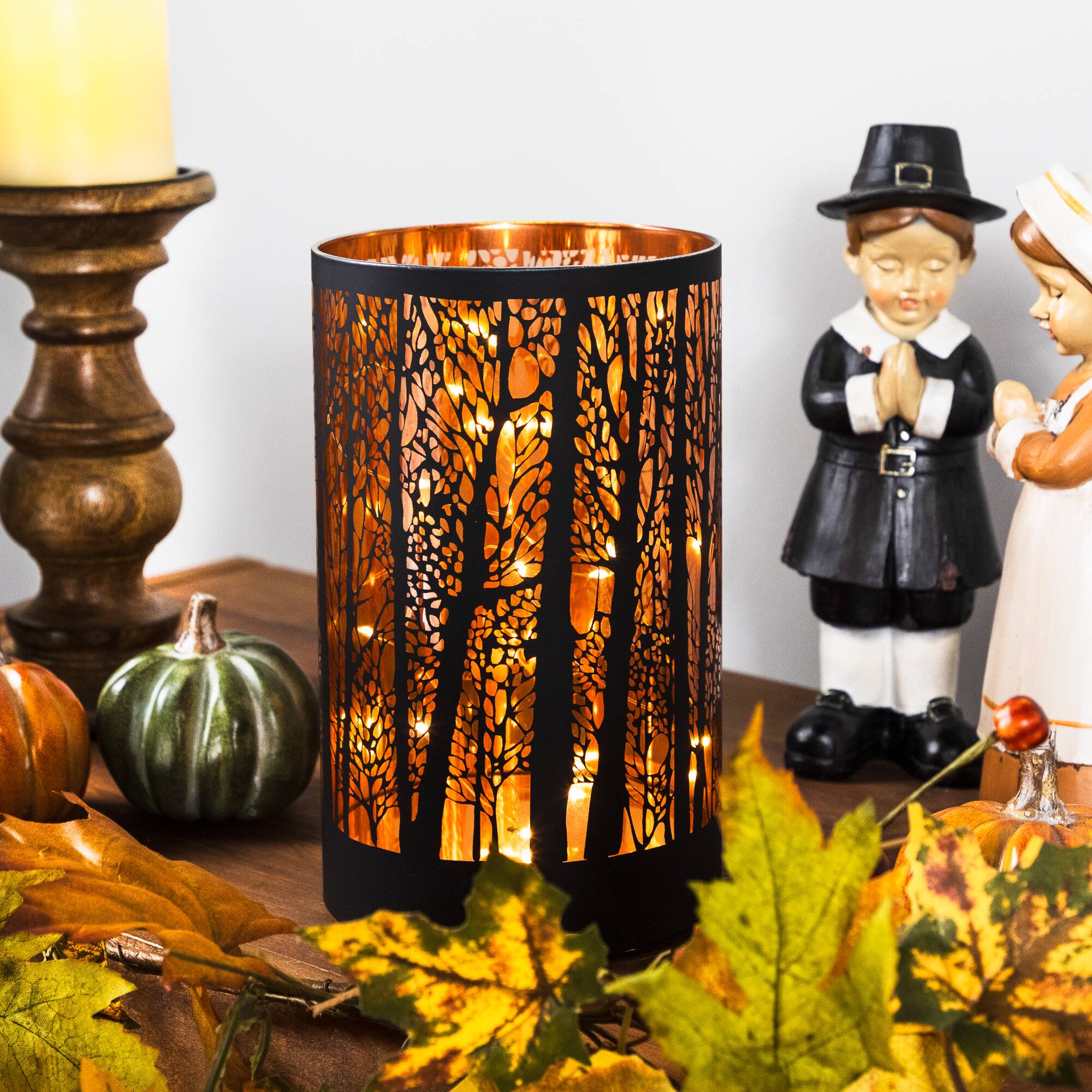 7.75" Forest Trees Fall Harvest Glass LED Hurricane Candle