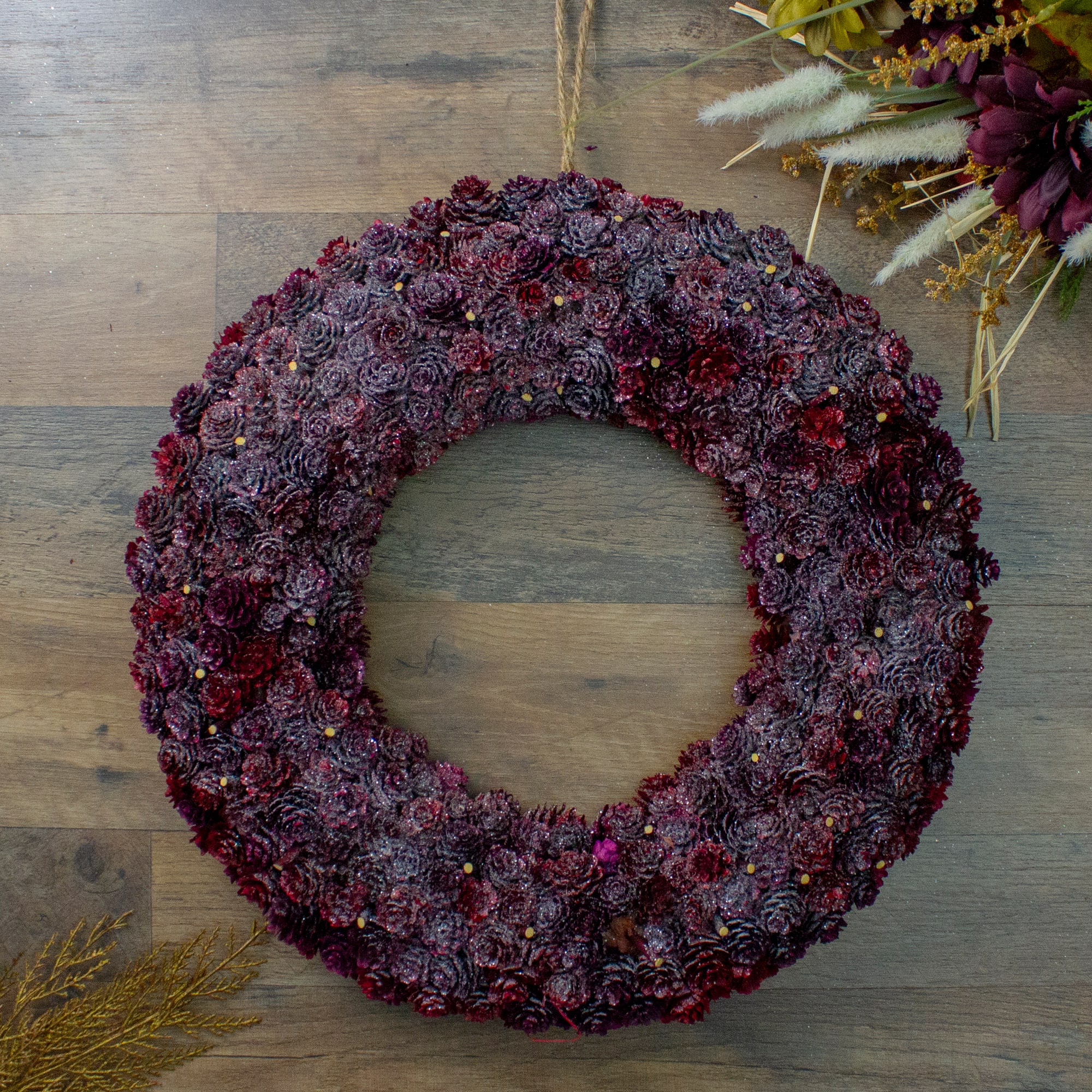 18" Wine Burgundy Glitter Pine Cone Artificial Christmas Wreath, Unlit