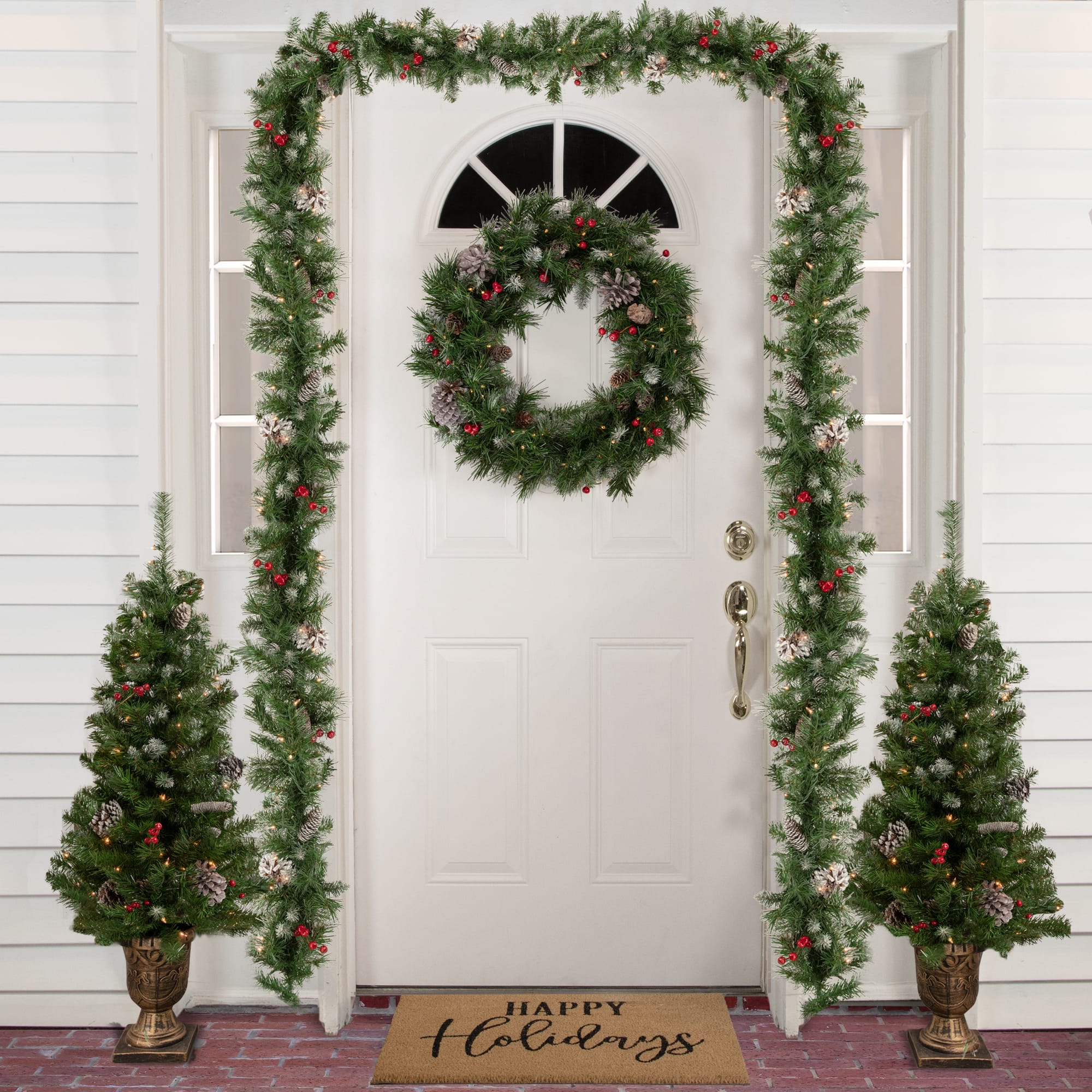 5-Piece Pre-Lit Frosted Verona Berry Pine Artificial Christmas Entryway Set