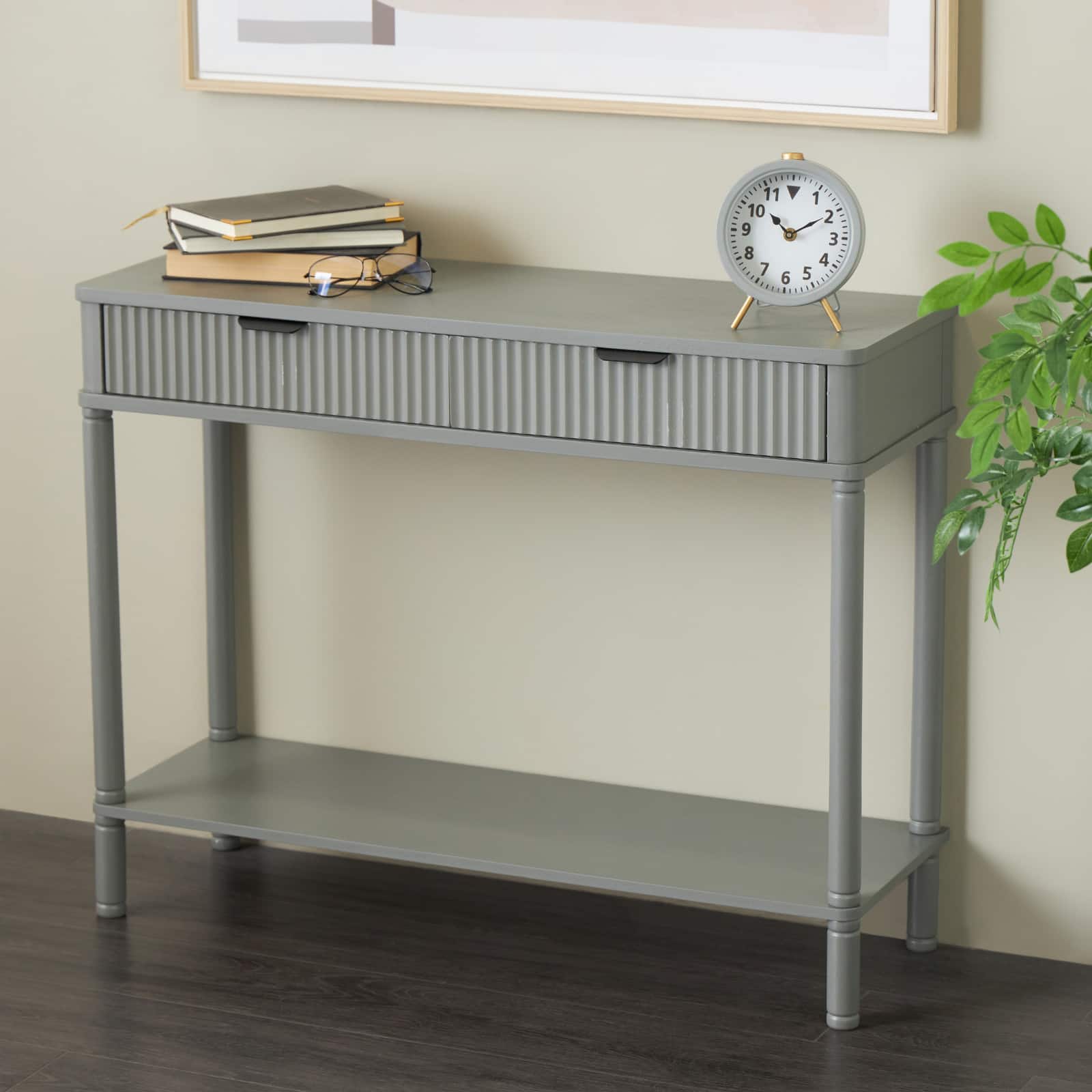 36" 2-Drawer Gray Handmade Wooden Console Table with Black Handle & Ribbed Front