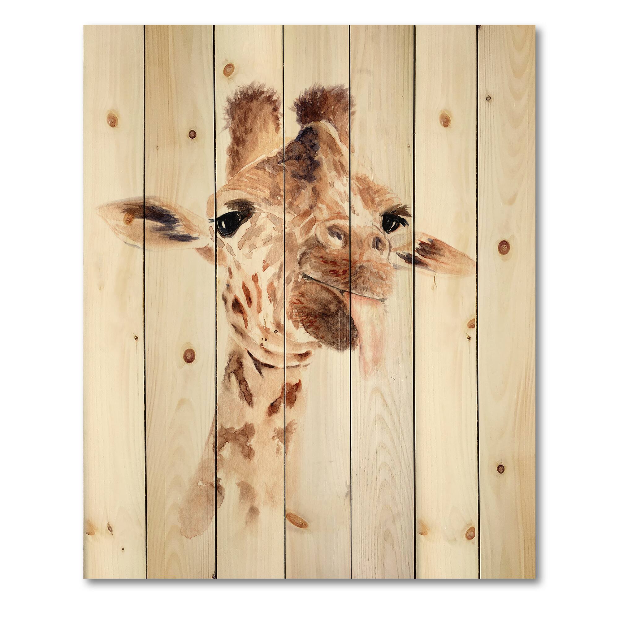 Designart - Portrait of A Giraffe VIII - Farmhouse Print on Natural Pine Wood