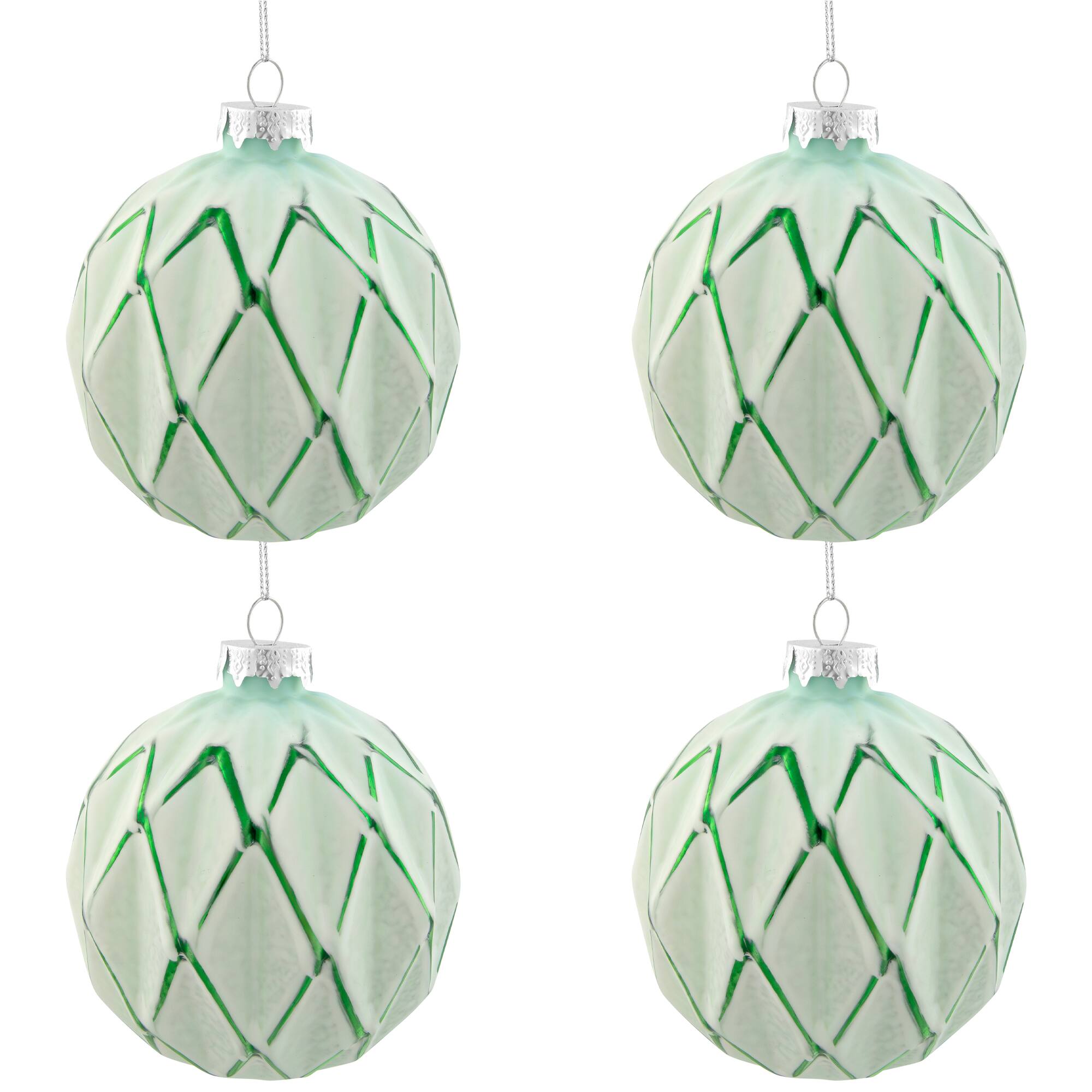 Harlequin Christmas Glass Ball Ornaments - 4" (100mm) - Mint Green - 4ct