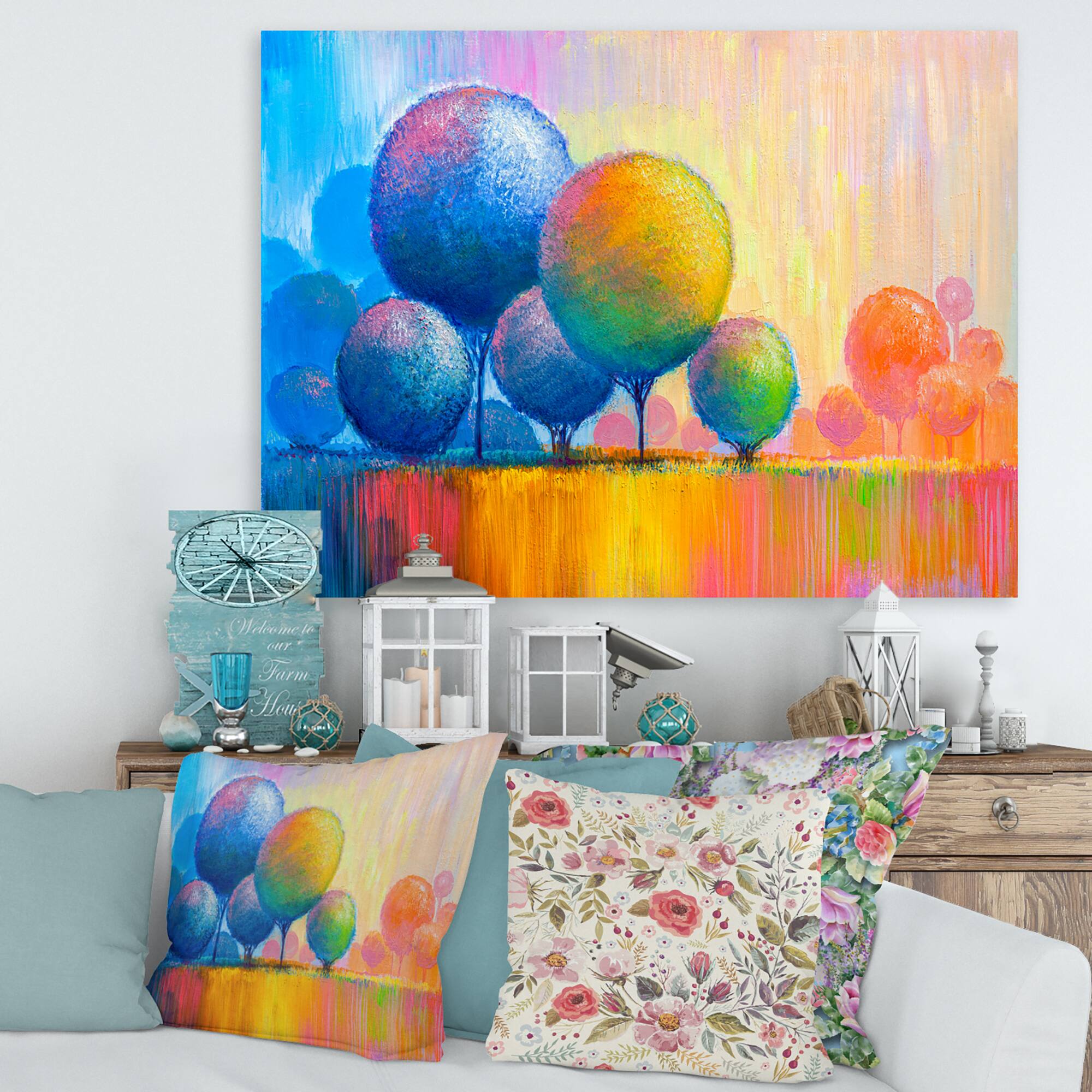 Designart - Colourful Ornamental Trees VII - Modern Canvas Wall Art Print