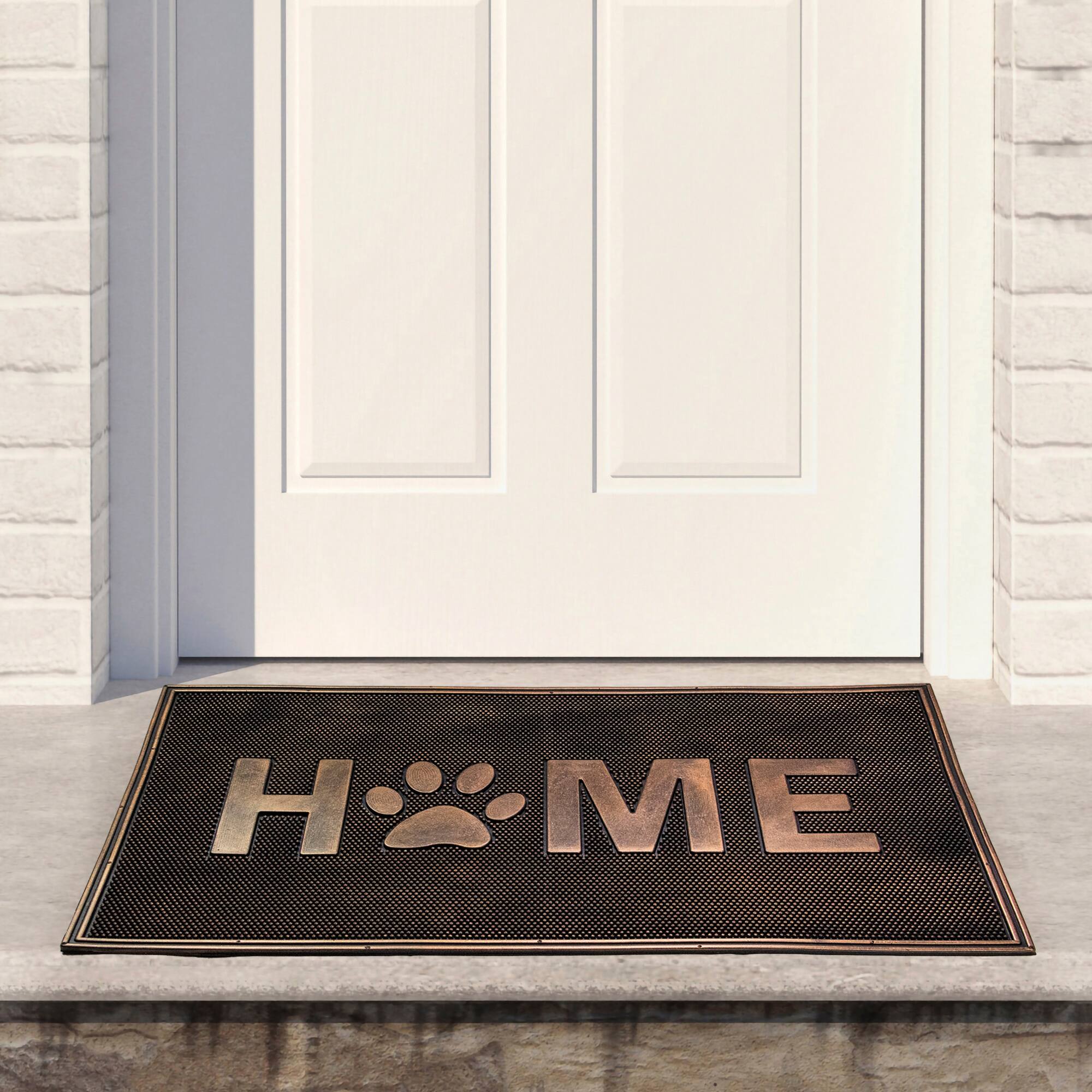 30" x 18" Brown & Gold Home Paw Print Rubber Doormat