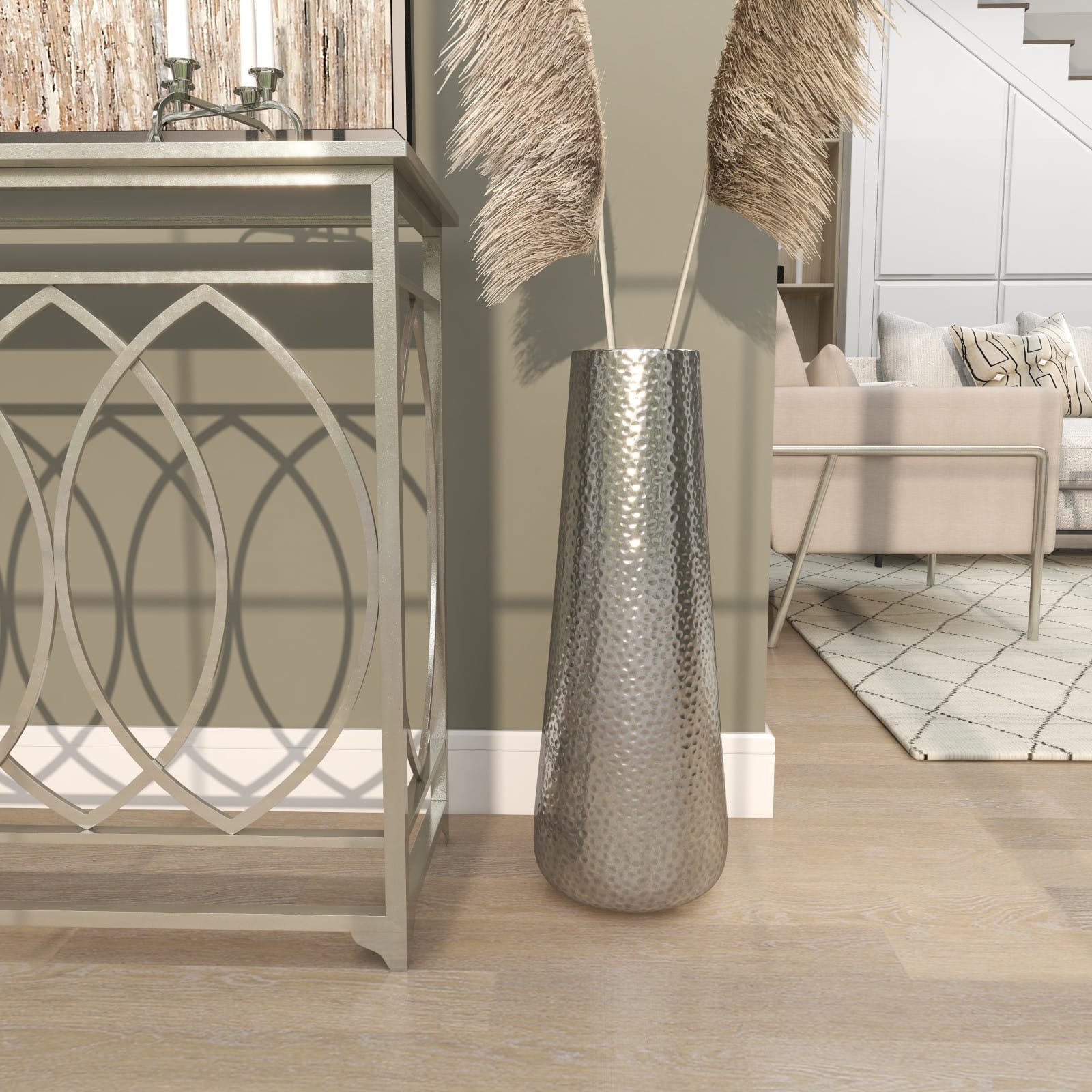25" Silver Aluminum Tall Hammered Vase
