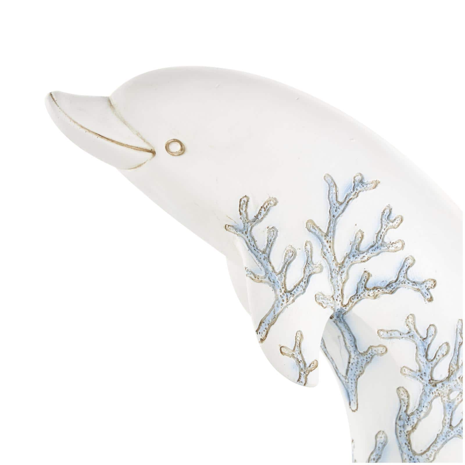 12" White with Blue Coral Pattern Curved Polystone Dolphin Sculpture
