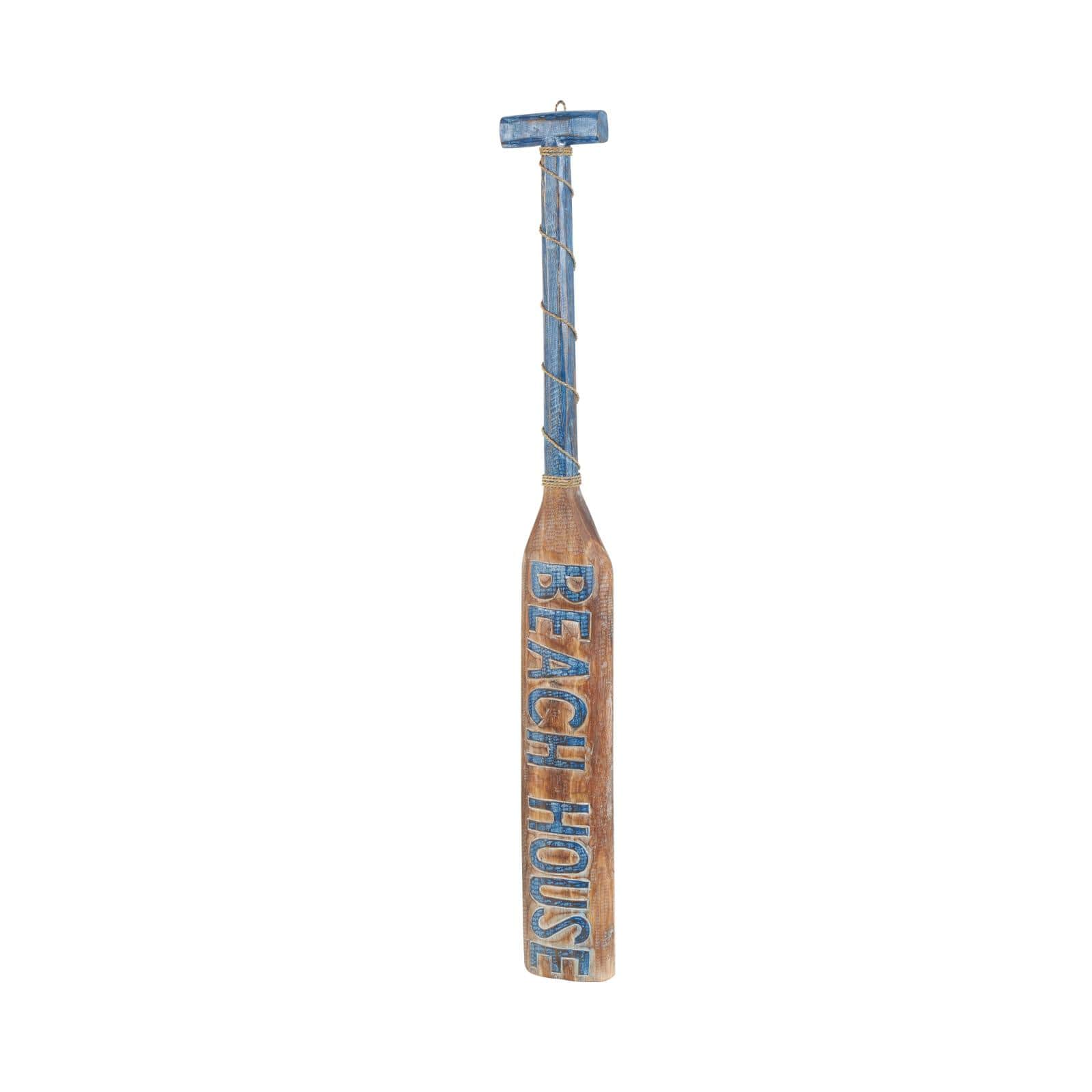 Brown Wood Paddle Beach House Sign Wall Decor with Blue Accents and Rope