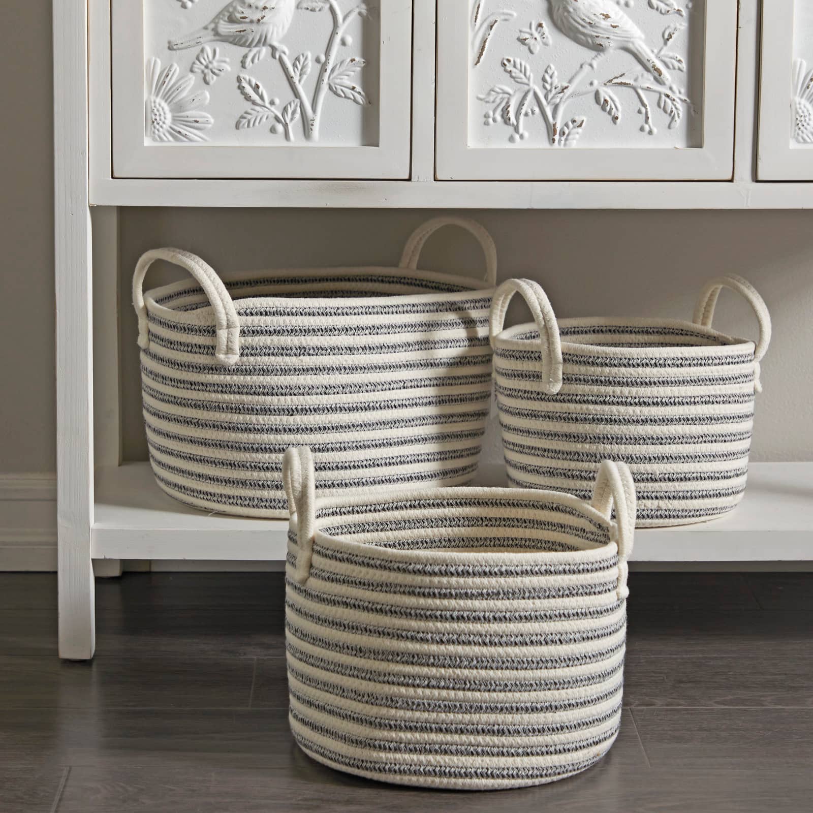 Gray Cotton Handmade Storage Basket with Handles Set of 3 12", 10", 10"