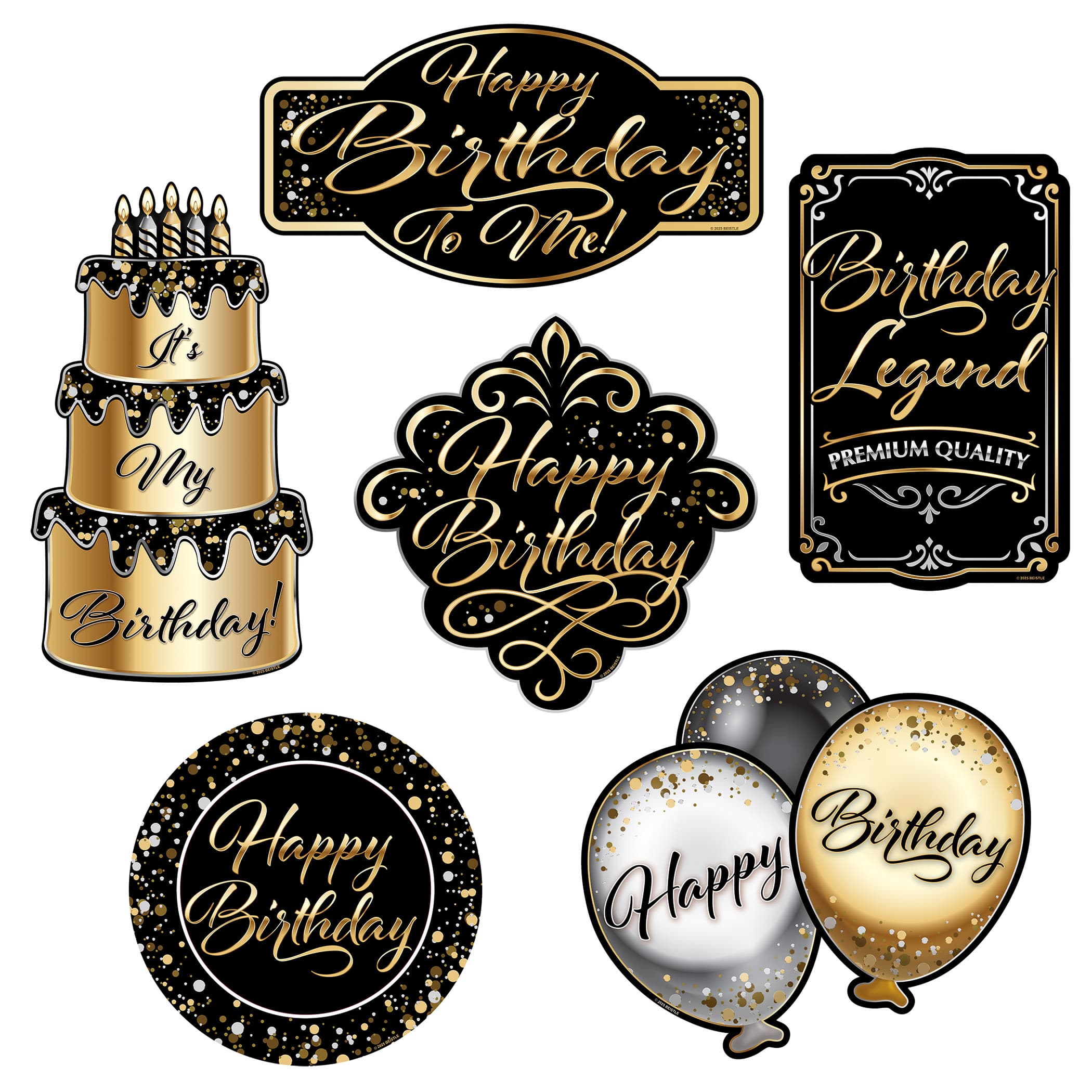 Beistle Black, Gold & Silver Happy Birthday Cutouts, 2 Packs of 6