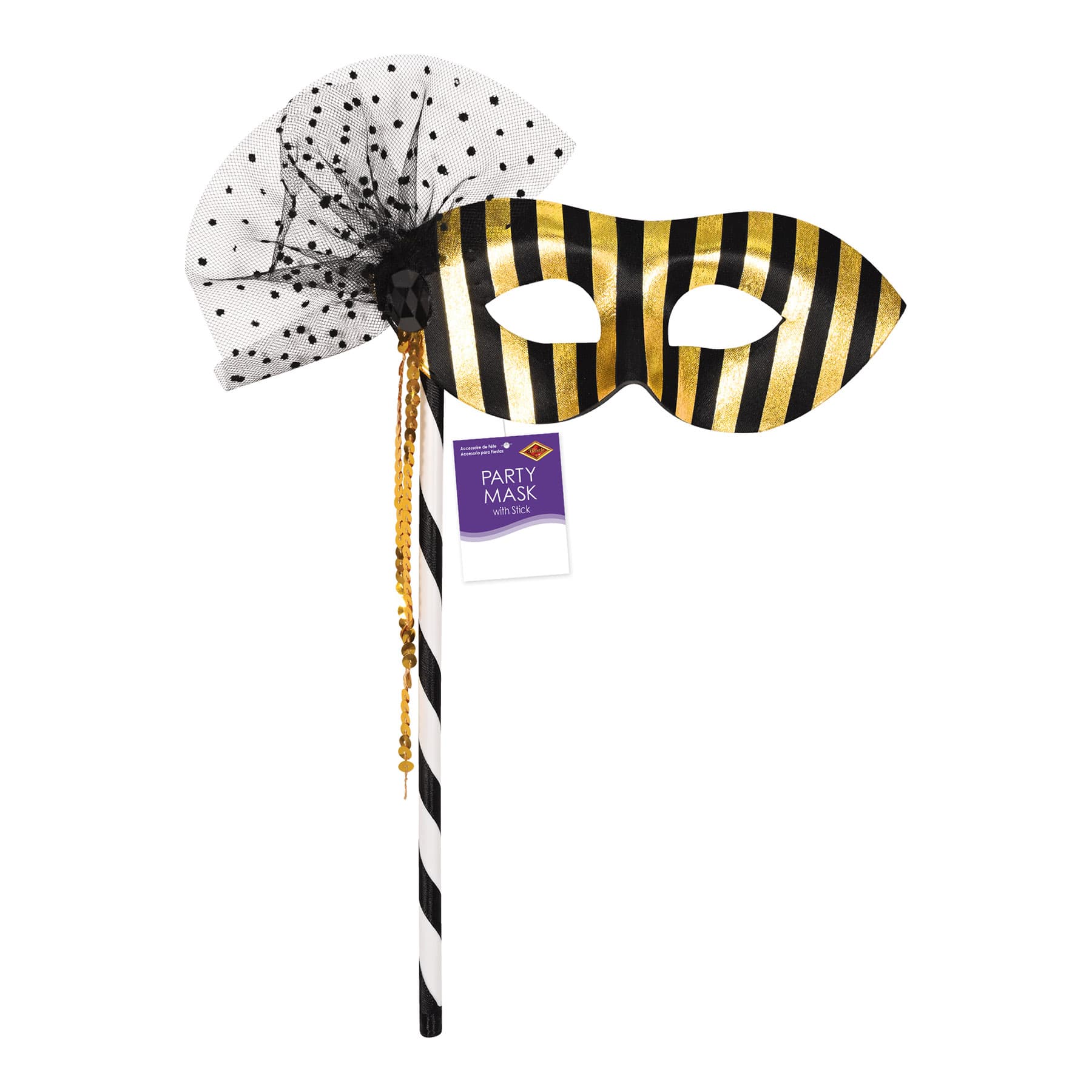 Beistle Adult Black & Gold Striped Party Masks with Sticks, 2ct.
