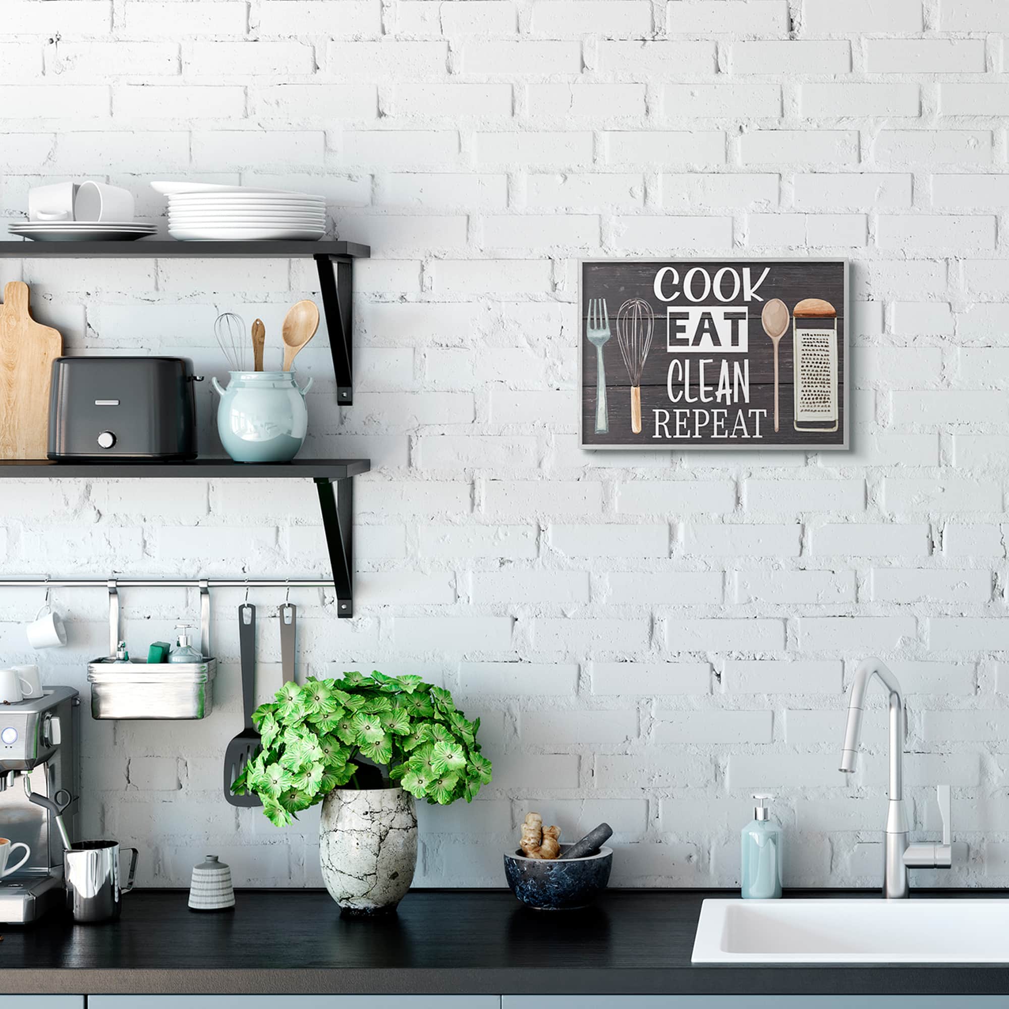 Stupell Industries Cook Eat Clean Humorous Quote Rustic Kitchenware in Gray Frame Wall Art