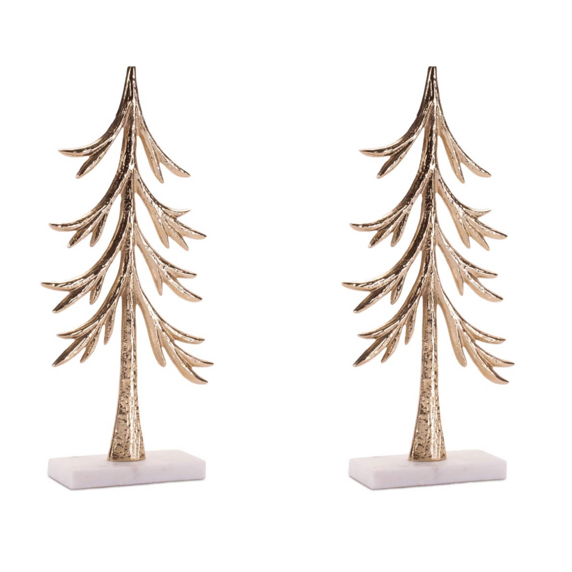 Melrose 12.75" Gold Modern Metal Trees Sculptures on Marble Bases, 2ct.