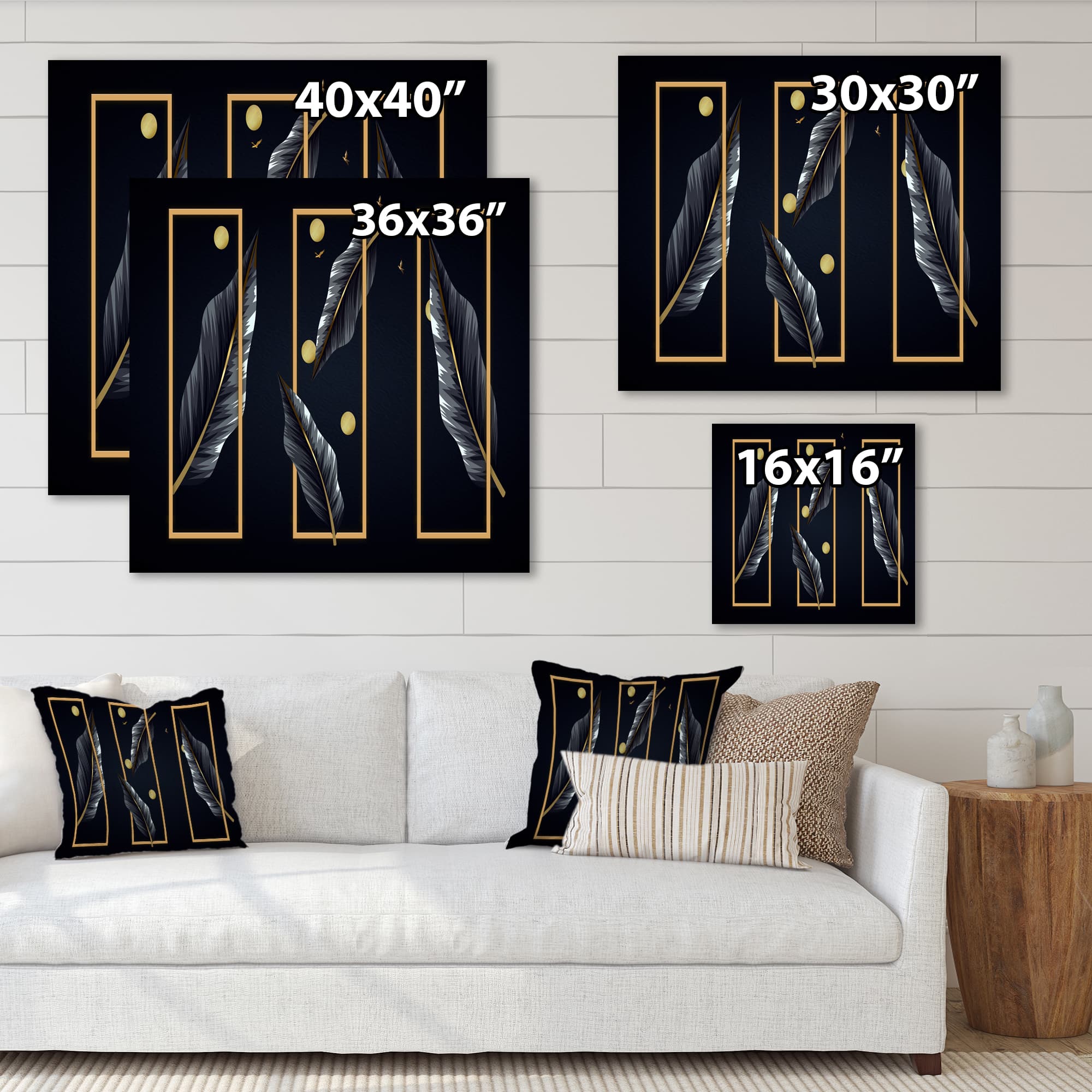 Designart - Black Tropical Leaves With Golden Rectangles - Modern Canvas Wall Art Print