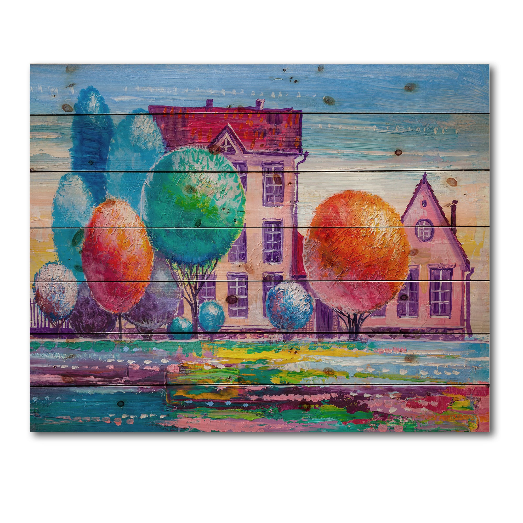 Designart - Daydream House In The VIllage - Traditional Print on Natural Pine Wood