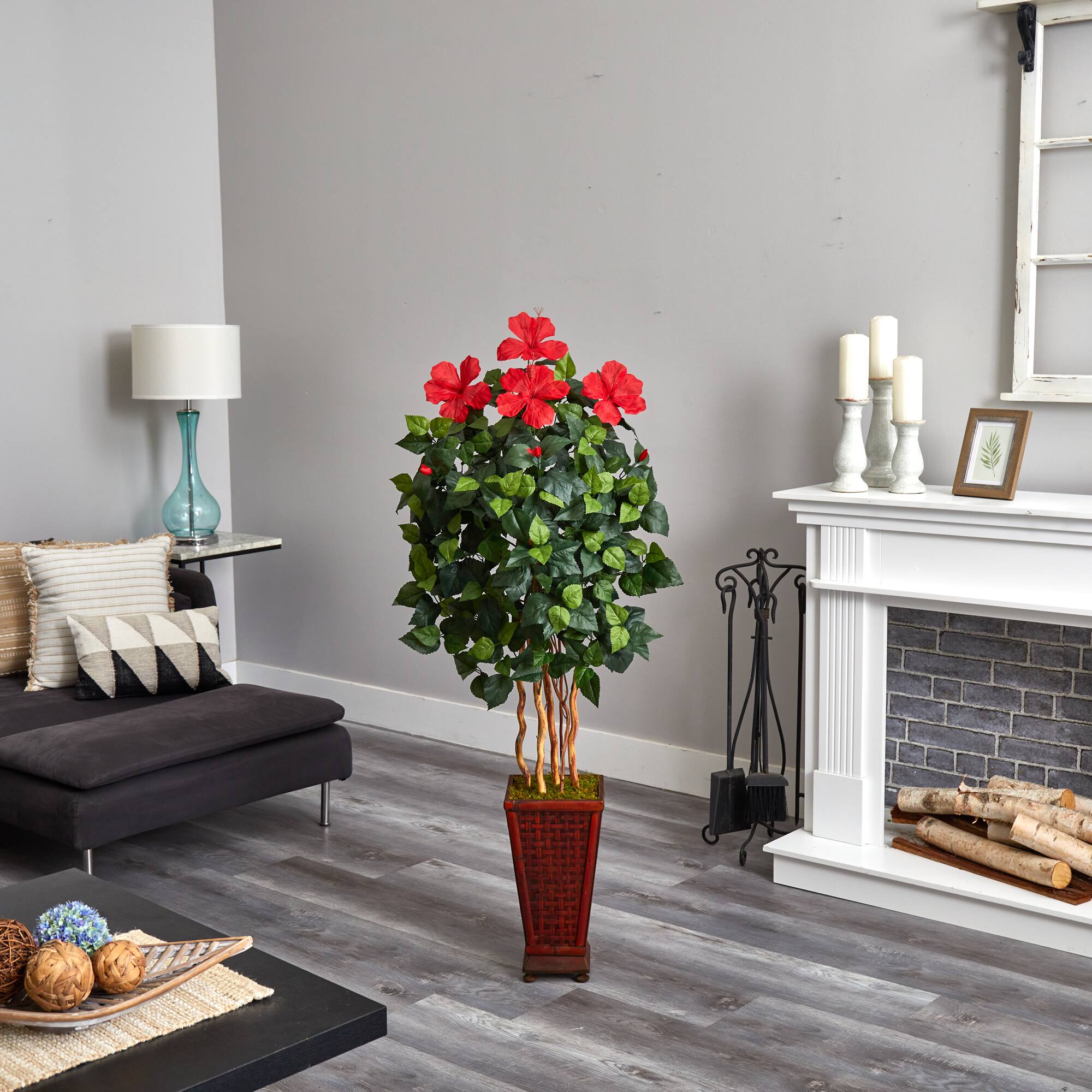 5ft. Red Hibiscus Tree in Decorative Wooden Planter