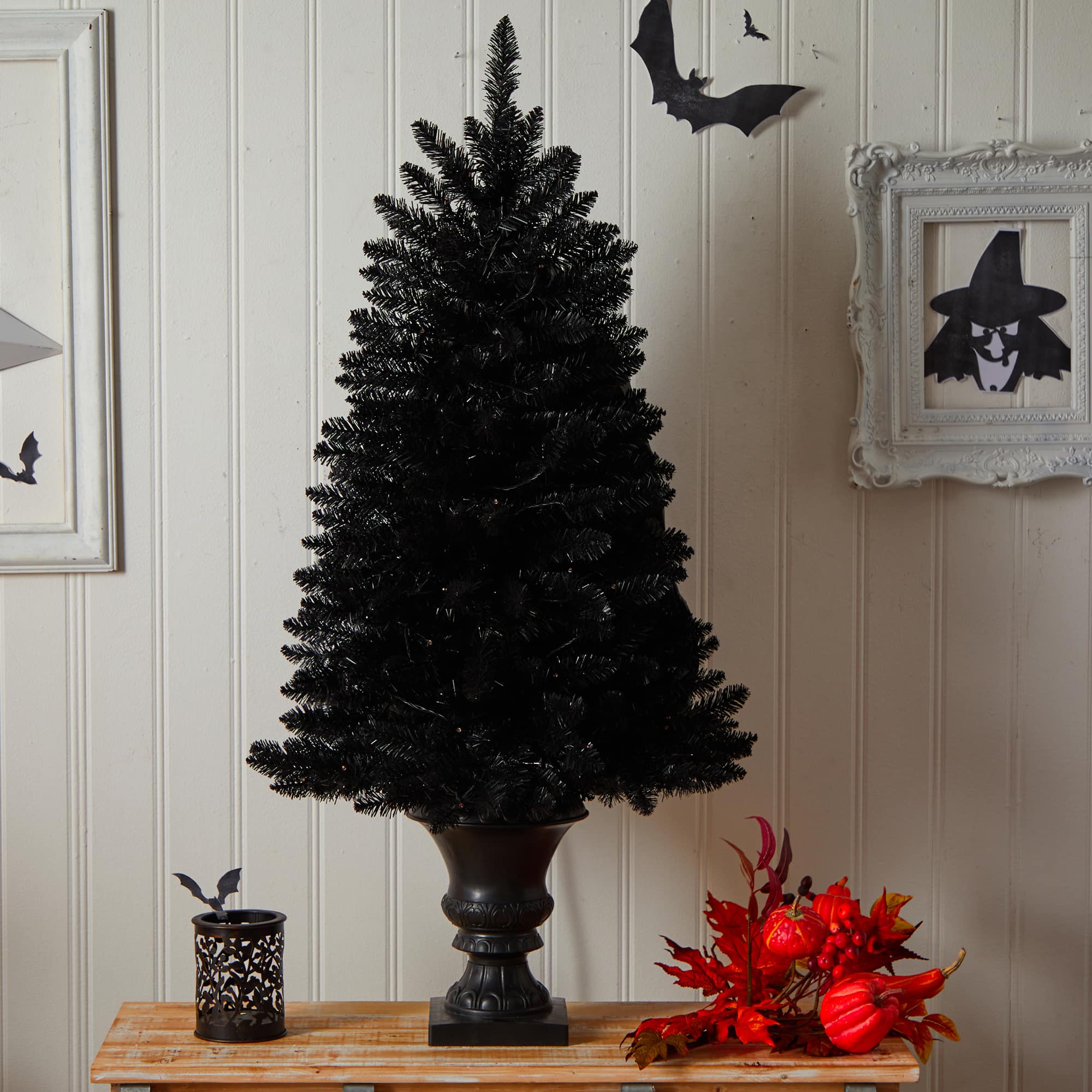 4ft. Black Artificial Halloween Tree in Urn, Orange LED Lights