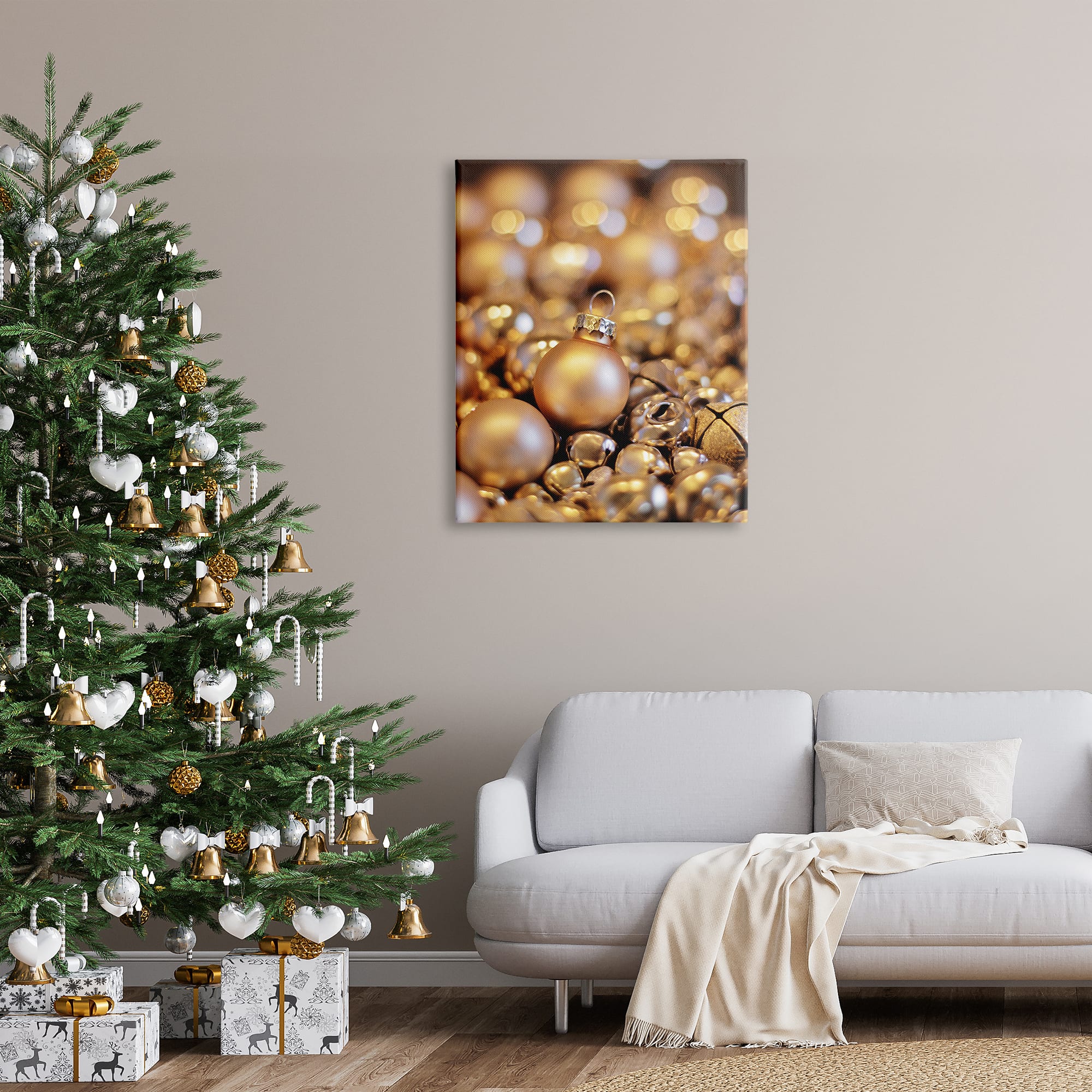 Stupell Industries Gleaming Christmas Ornaments Bells Canvas Wall Art