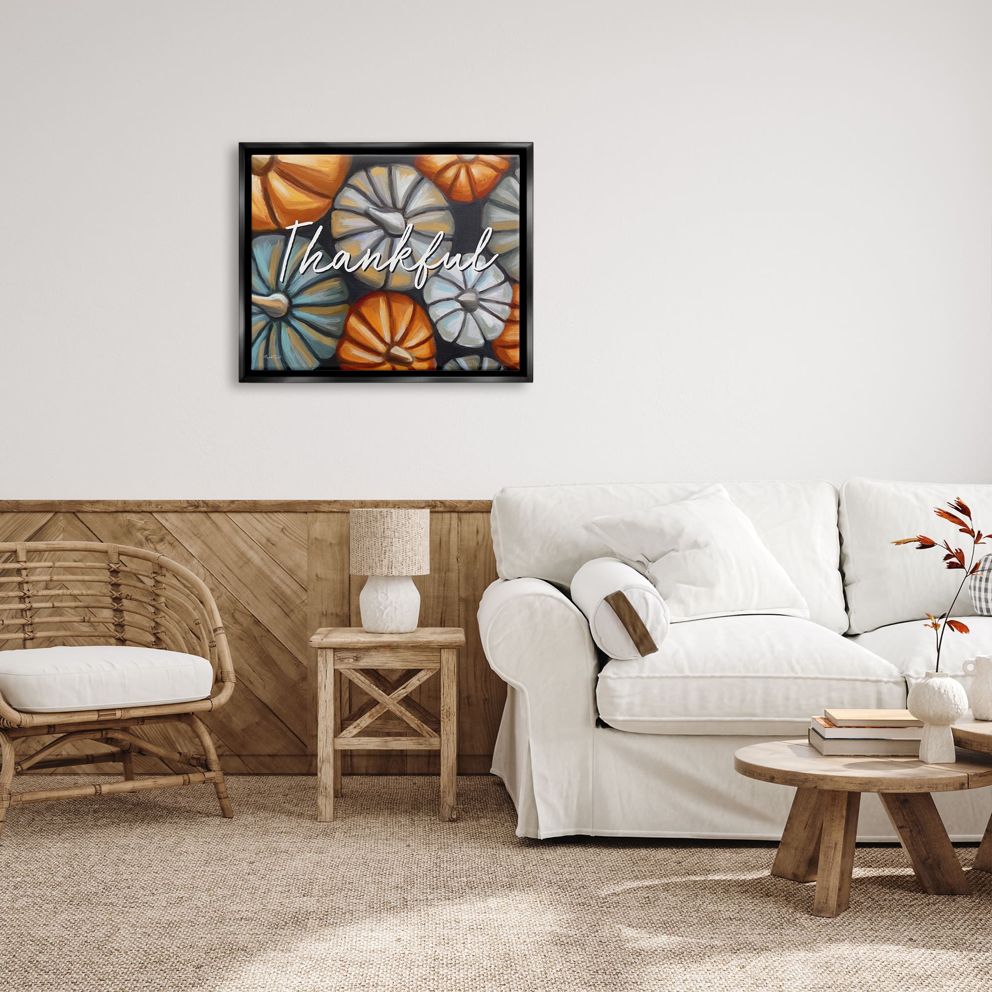 Stupell Industries Autumn Thankful Pumpkins Phrase Framed Floater Canvas Wall Art